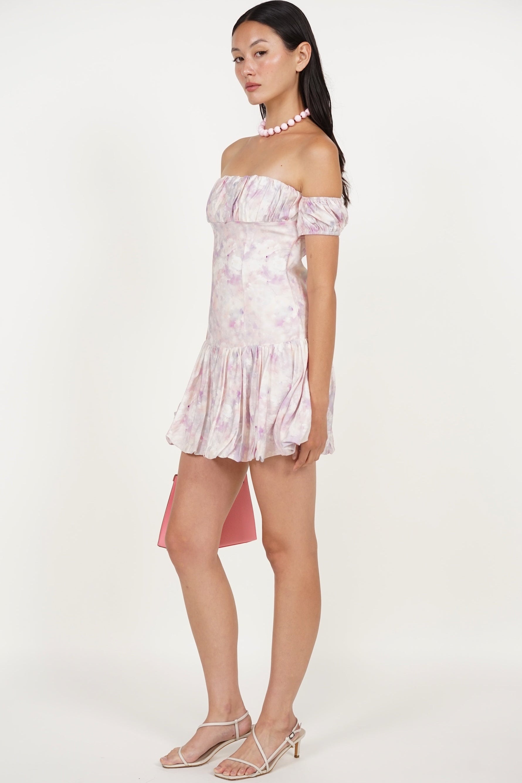 Off-Shoulder Bubble Dress in Purple Pink