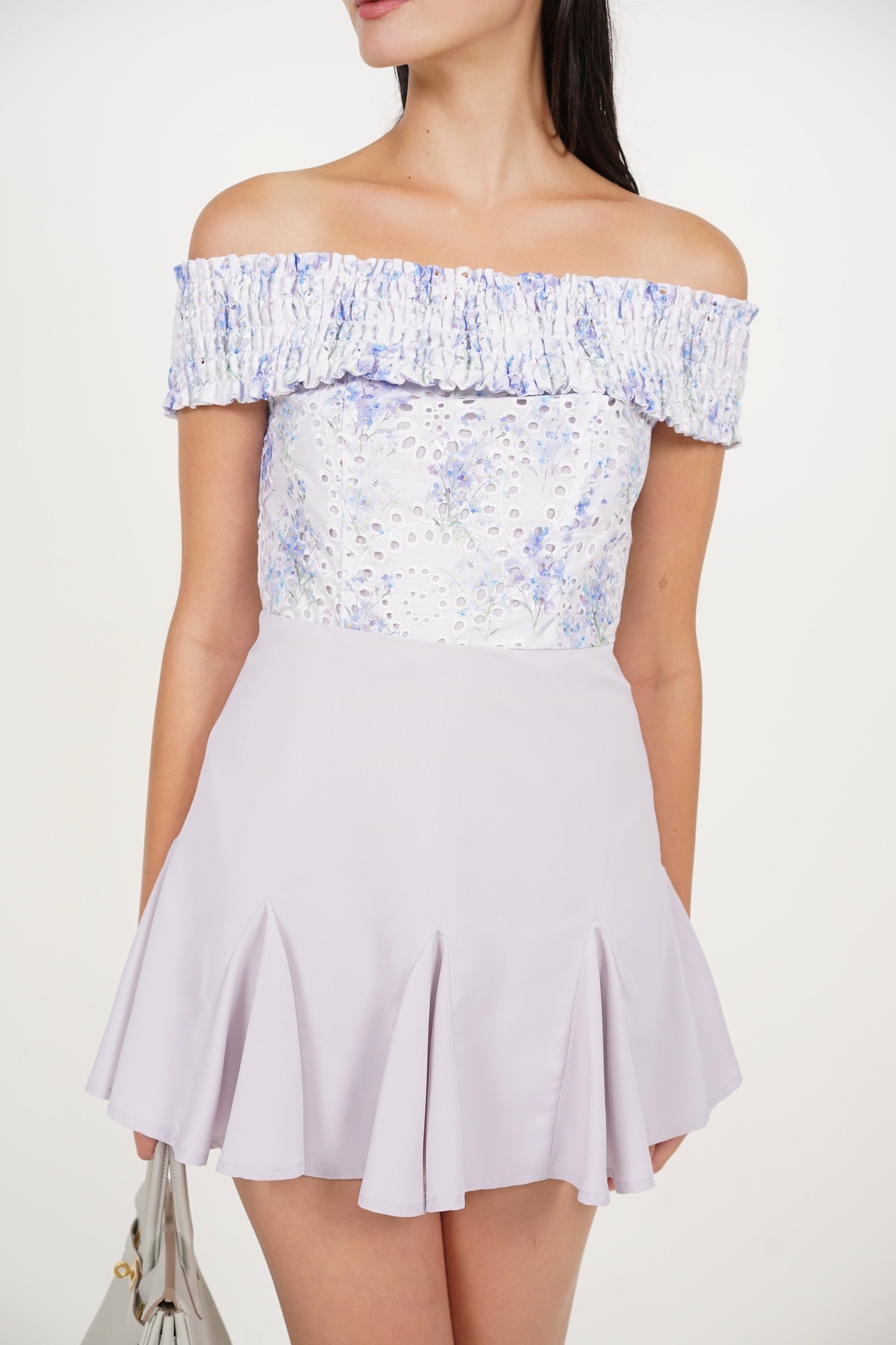 Smocked Off-Shoulder Romper Dress in Lilac