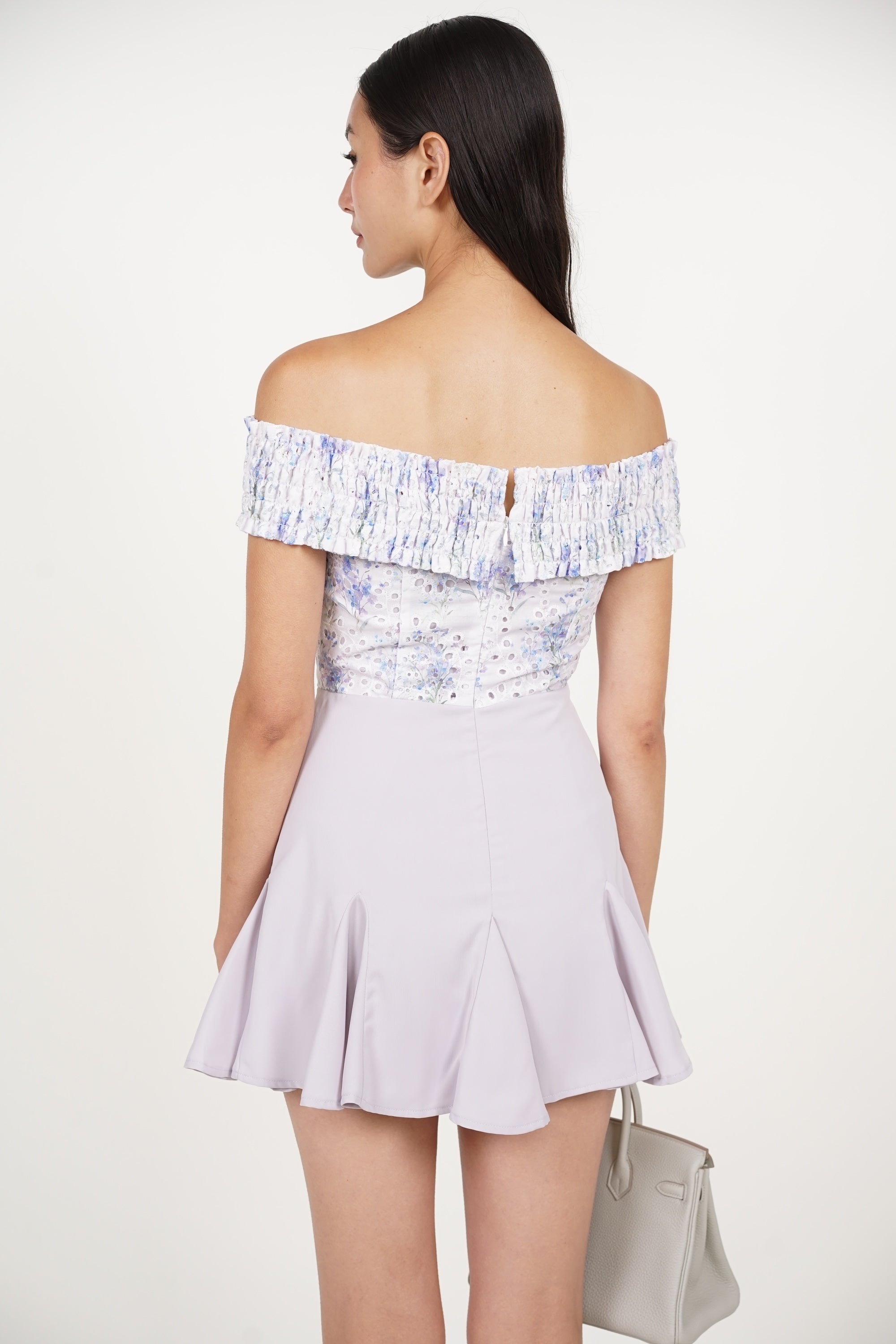 Smocked Off-Shoulder Romper Dress in Lilac