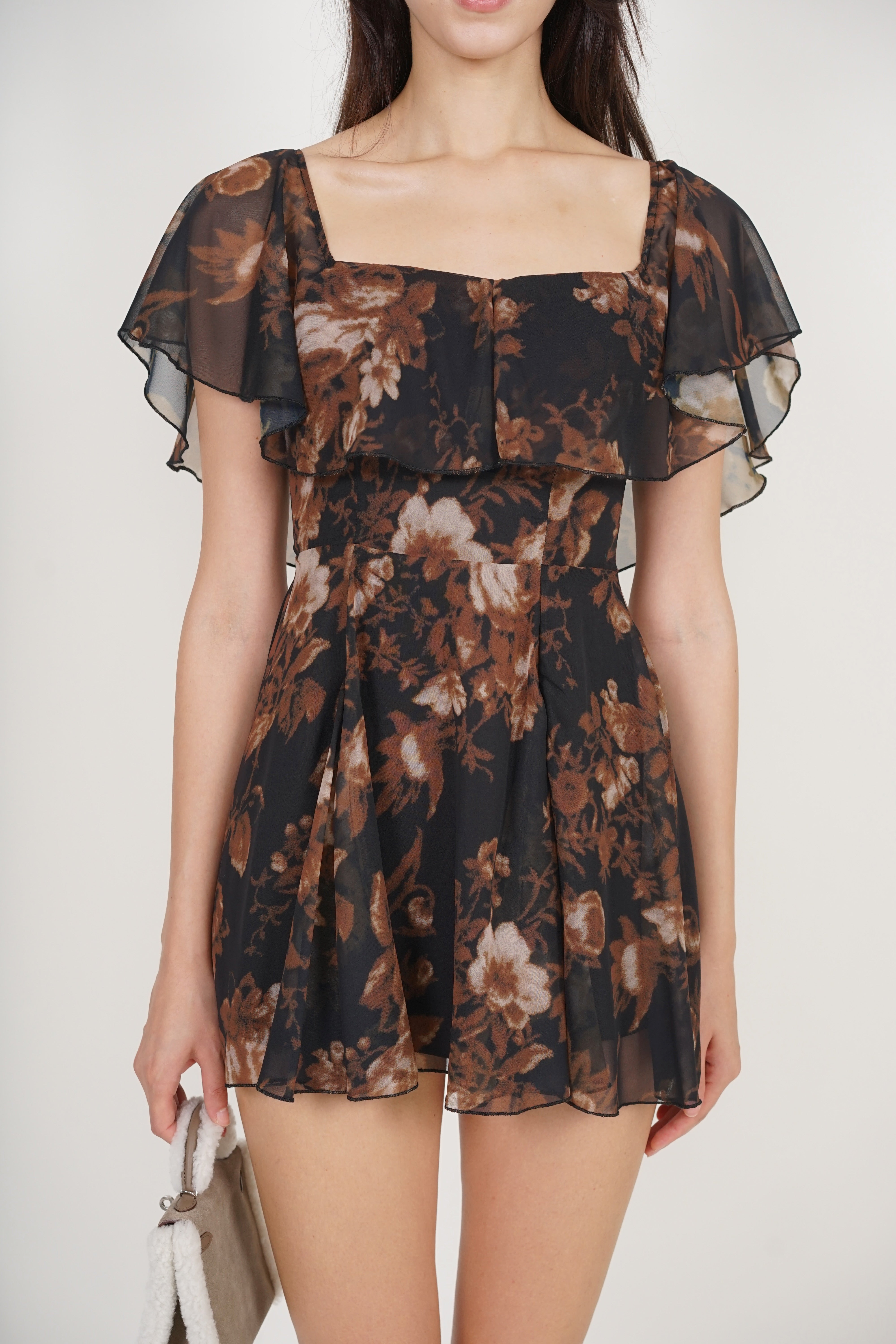 Romper Godet Dress in Black Floral