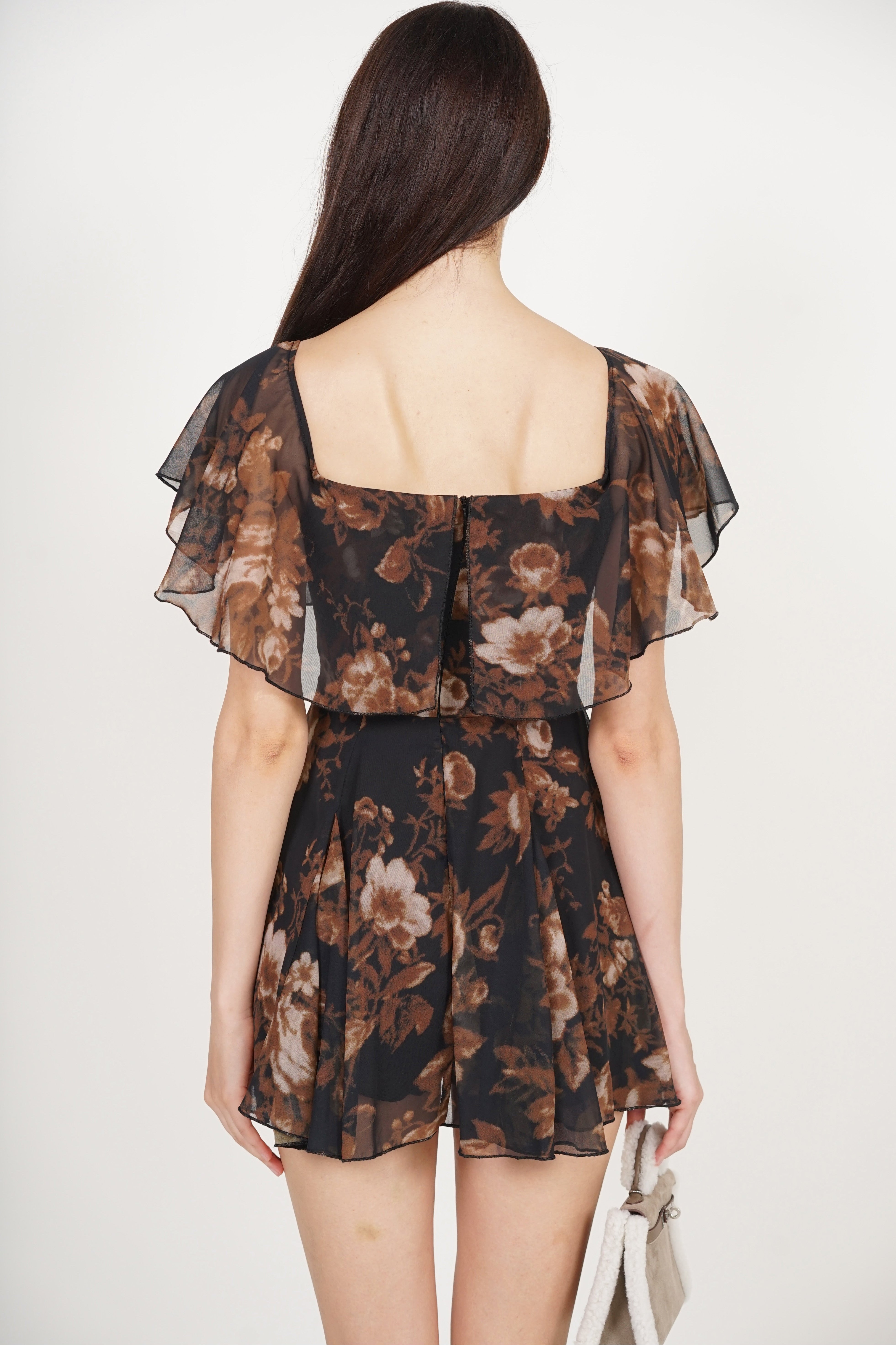 Romper Godet Dress in Black Floral
