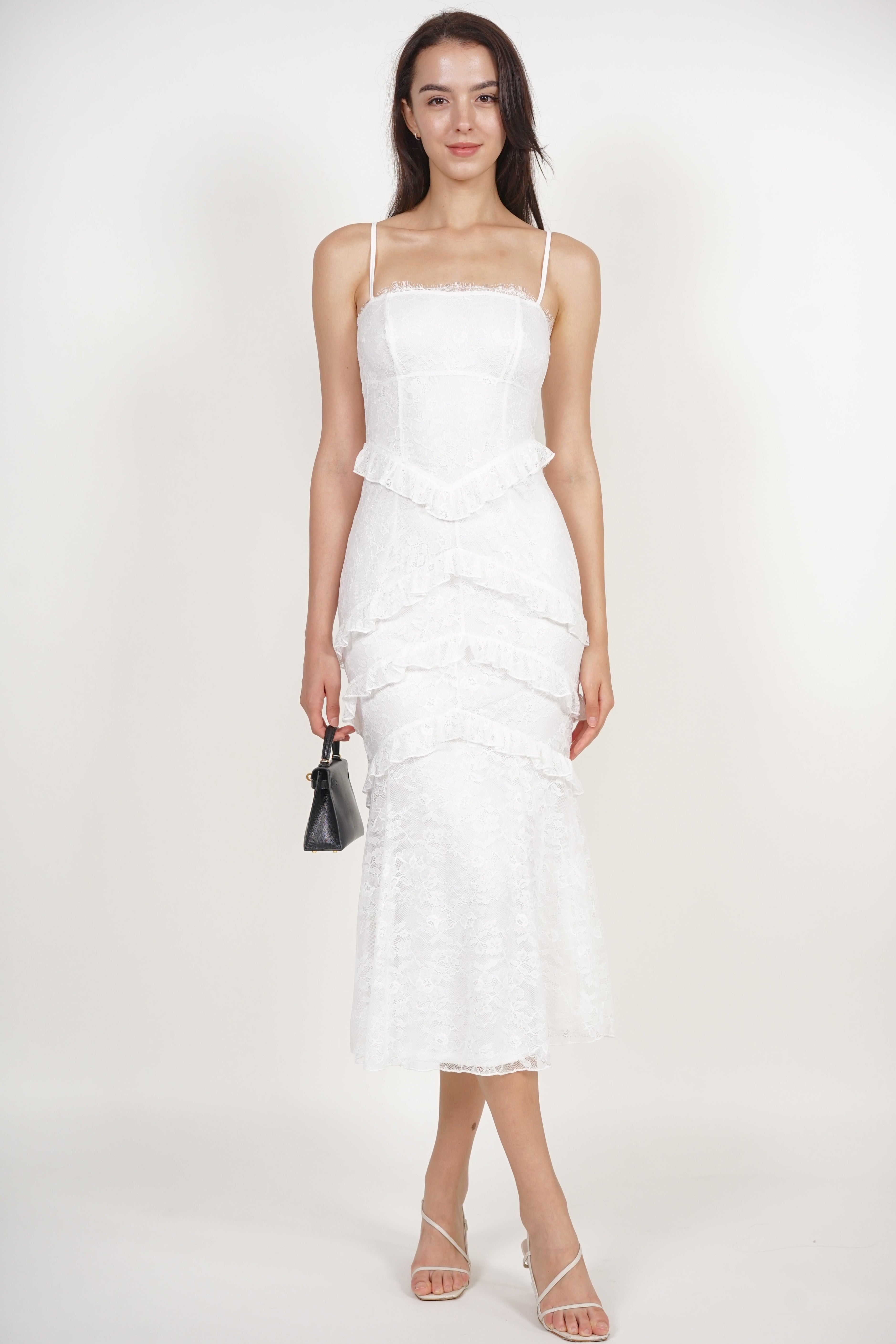 Midi Ruffled Dress in White Lace