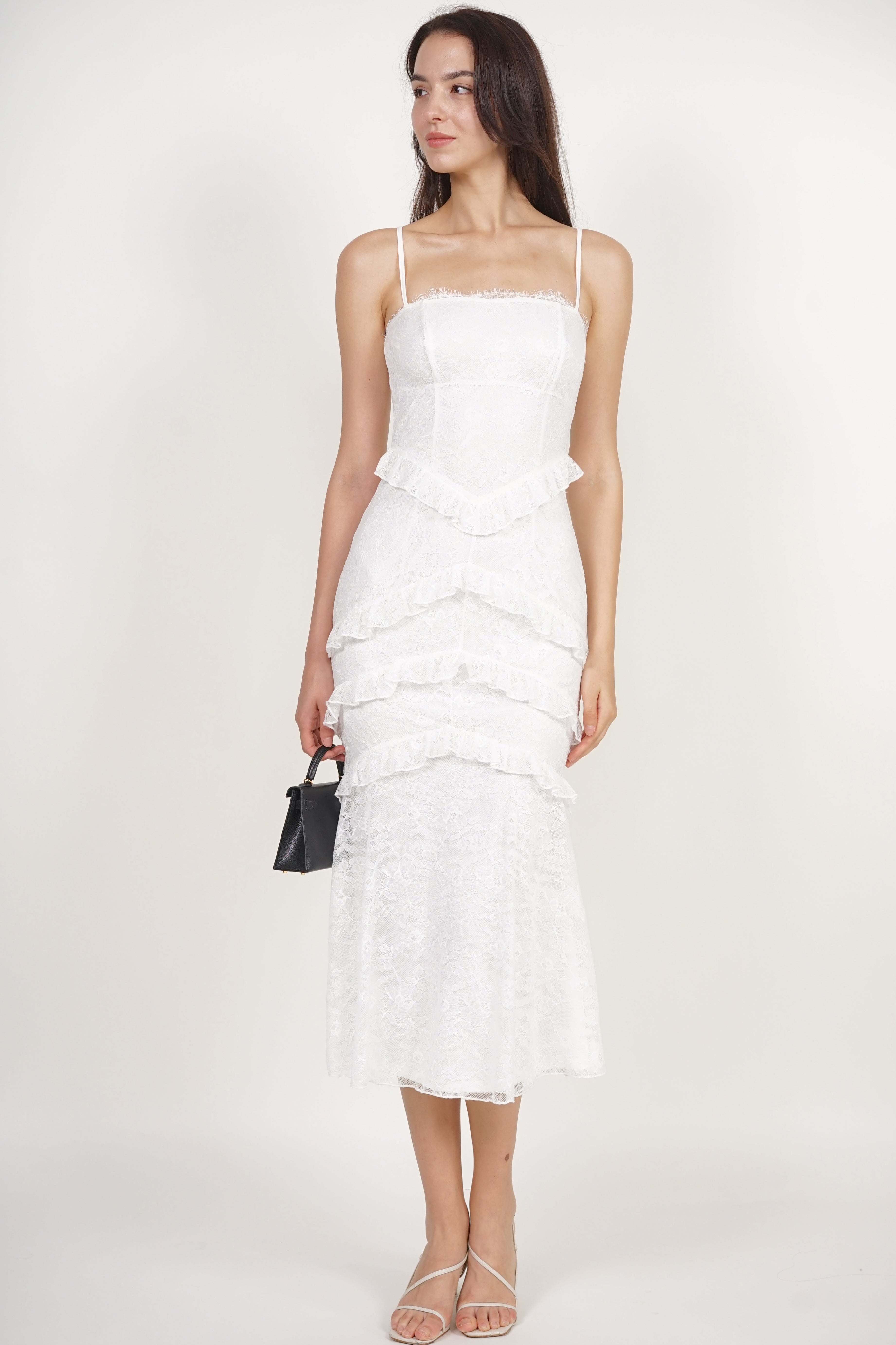 Midi Ruffled Dress in White Lace