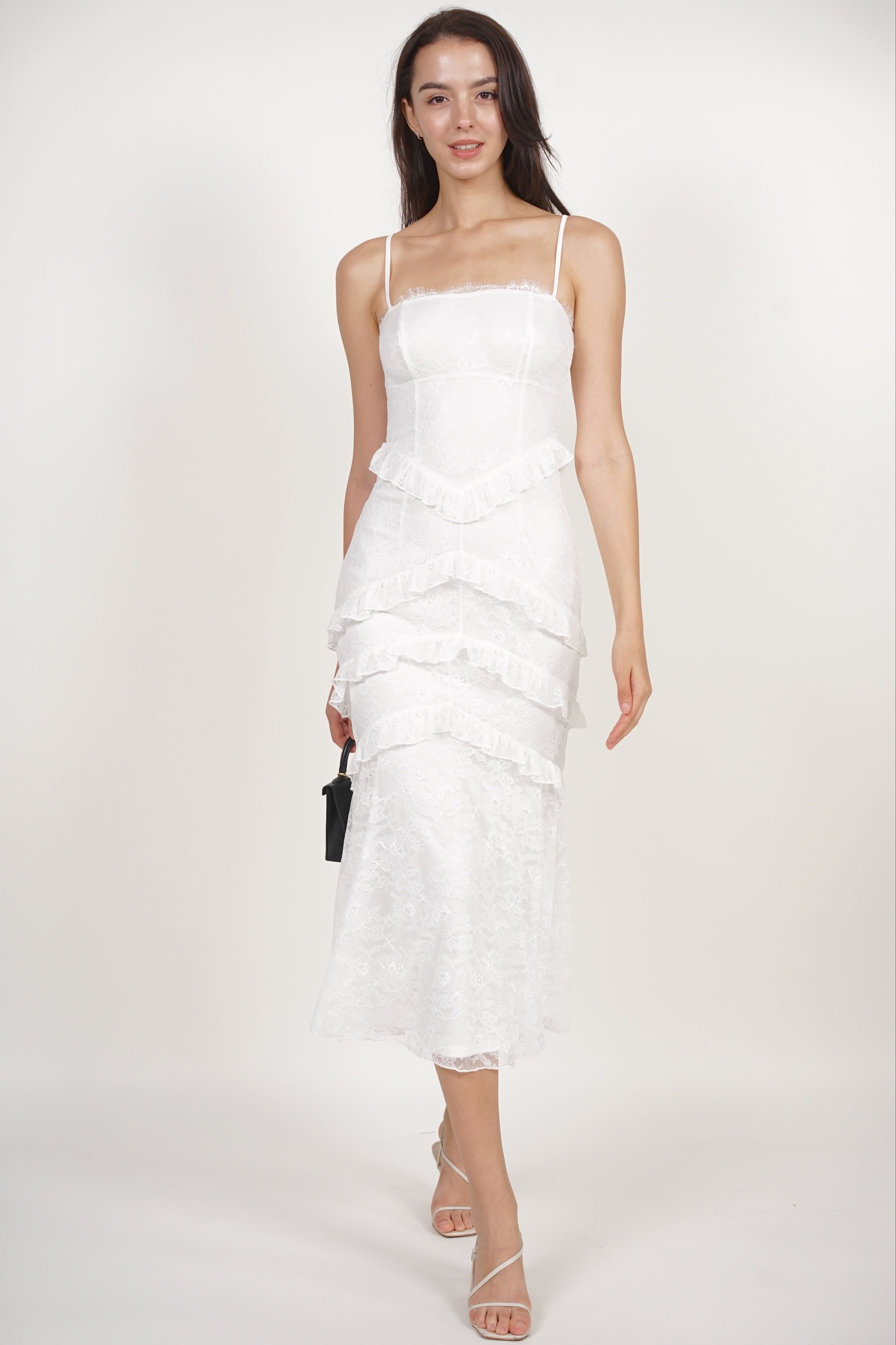 Midi Ruffled Dress in White Lace