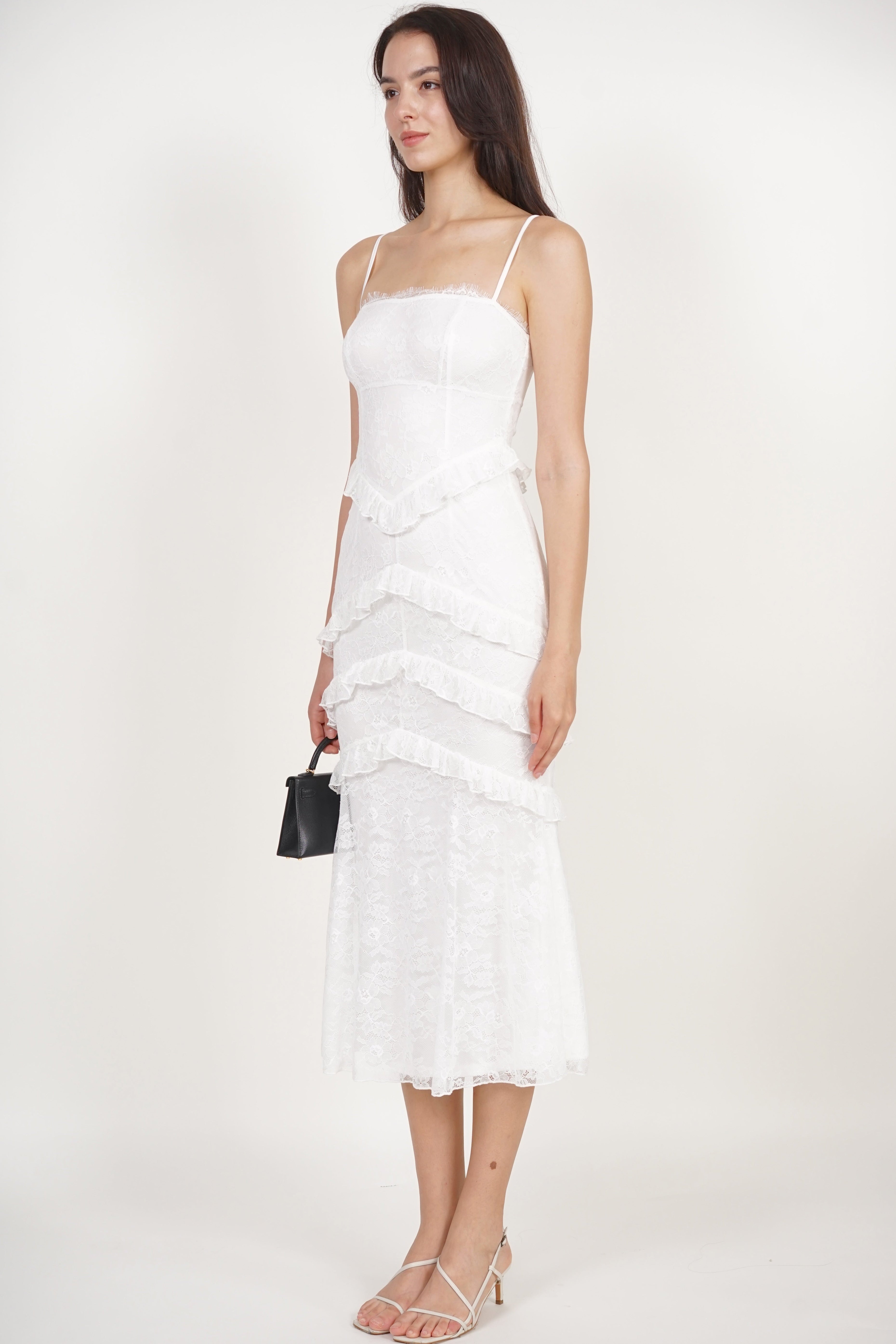 Midi Ruffled Dress in White Lace