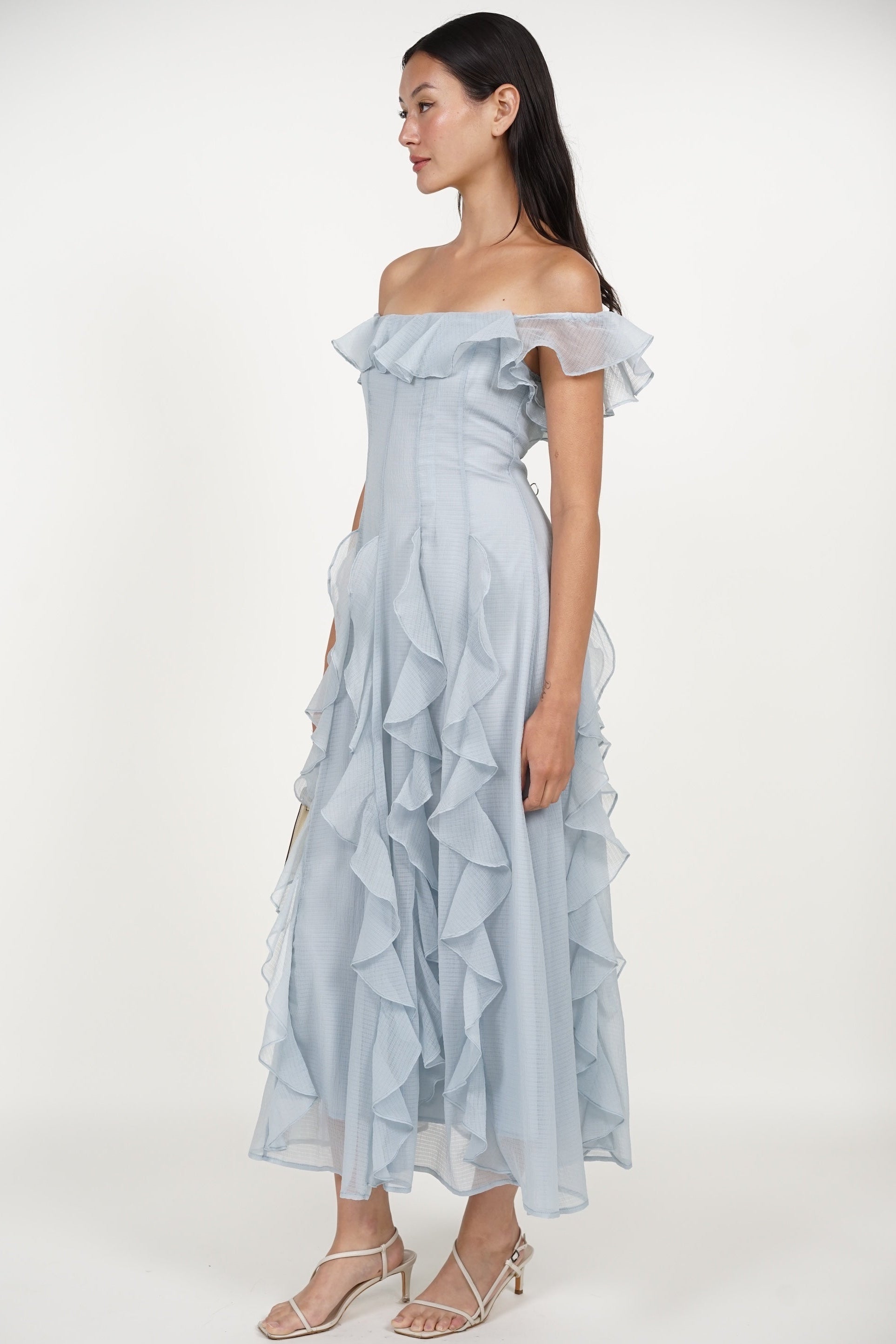 Off-Shoulder Ruffle Dress in Blue