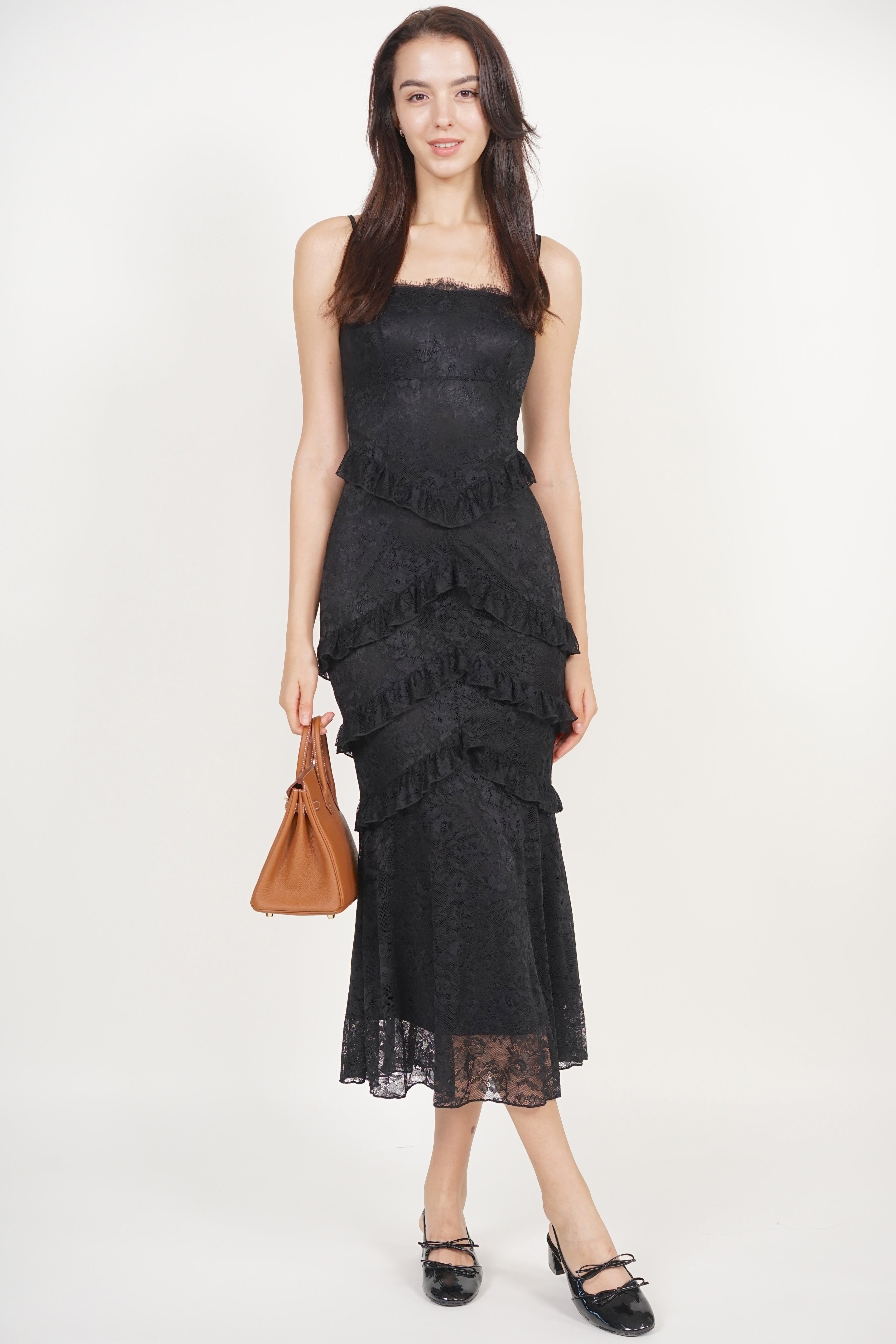 Midi Ruffled Dress in Black Lace