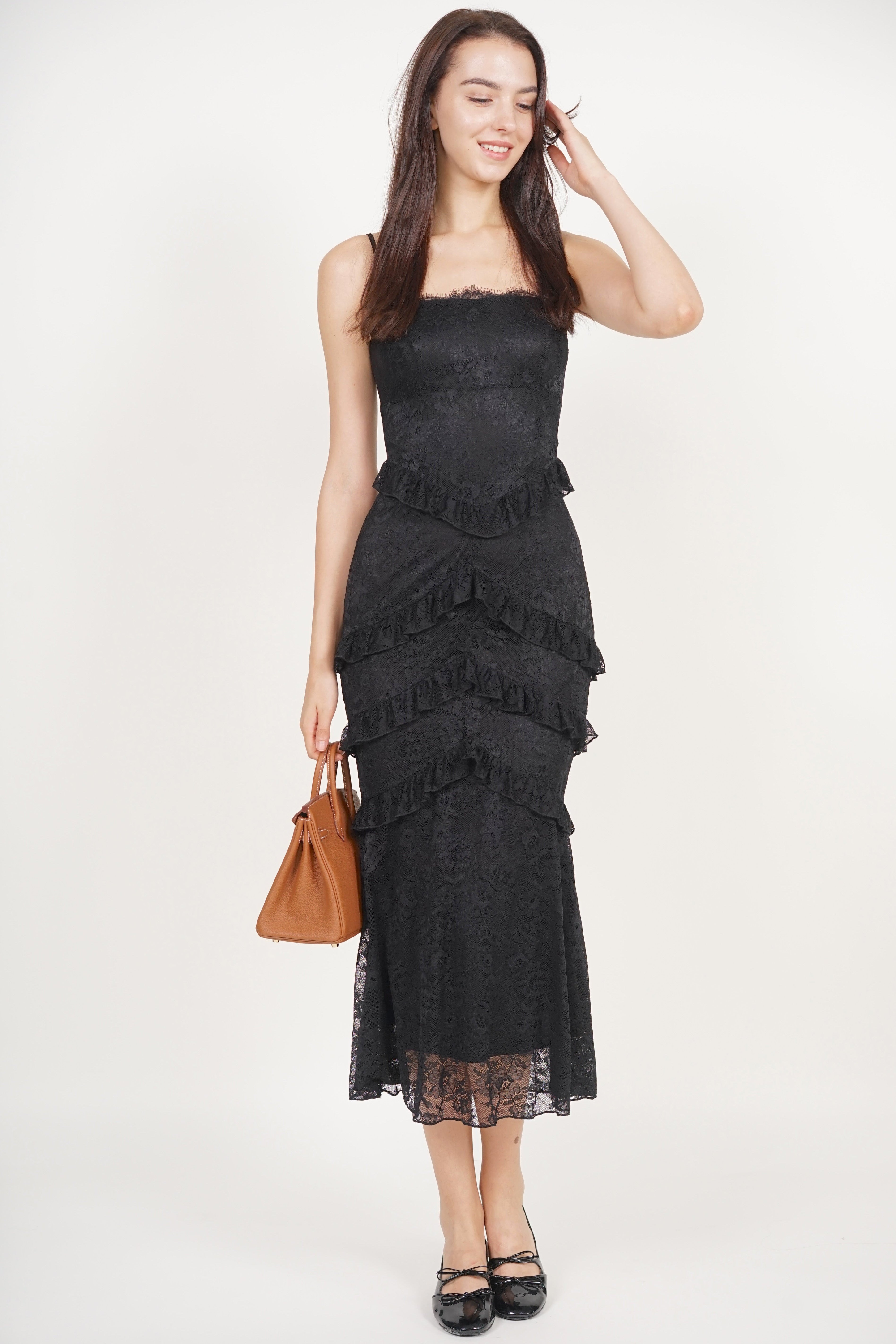 Midi Ruffled Dress in Black Lace