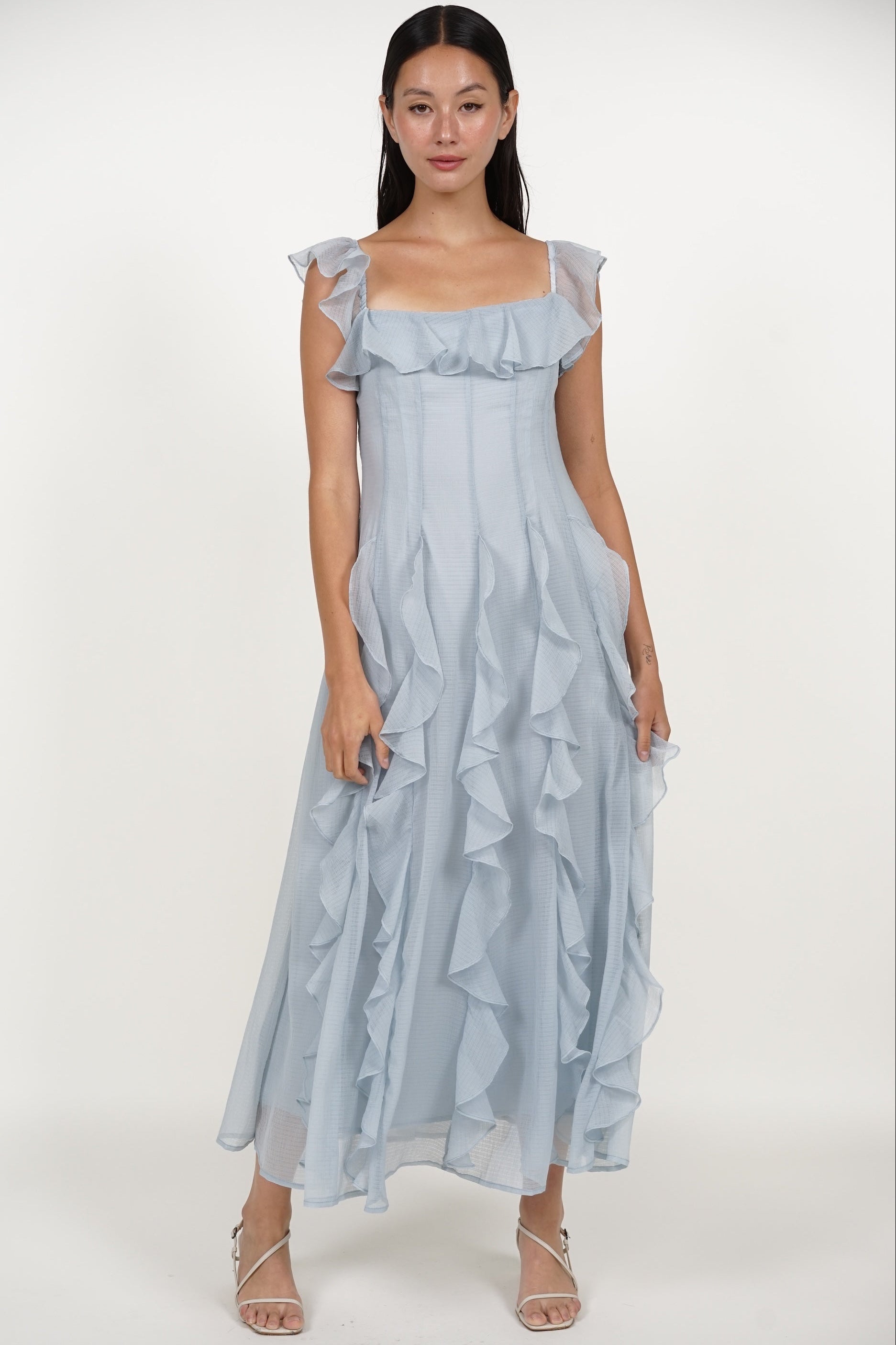 Off-Shoulder Ruffle Dress in Blue