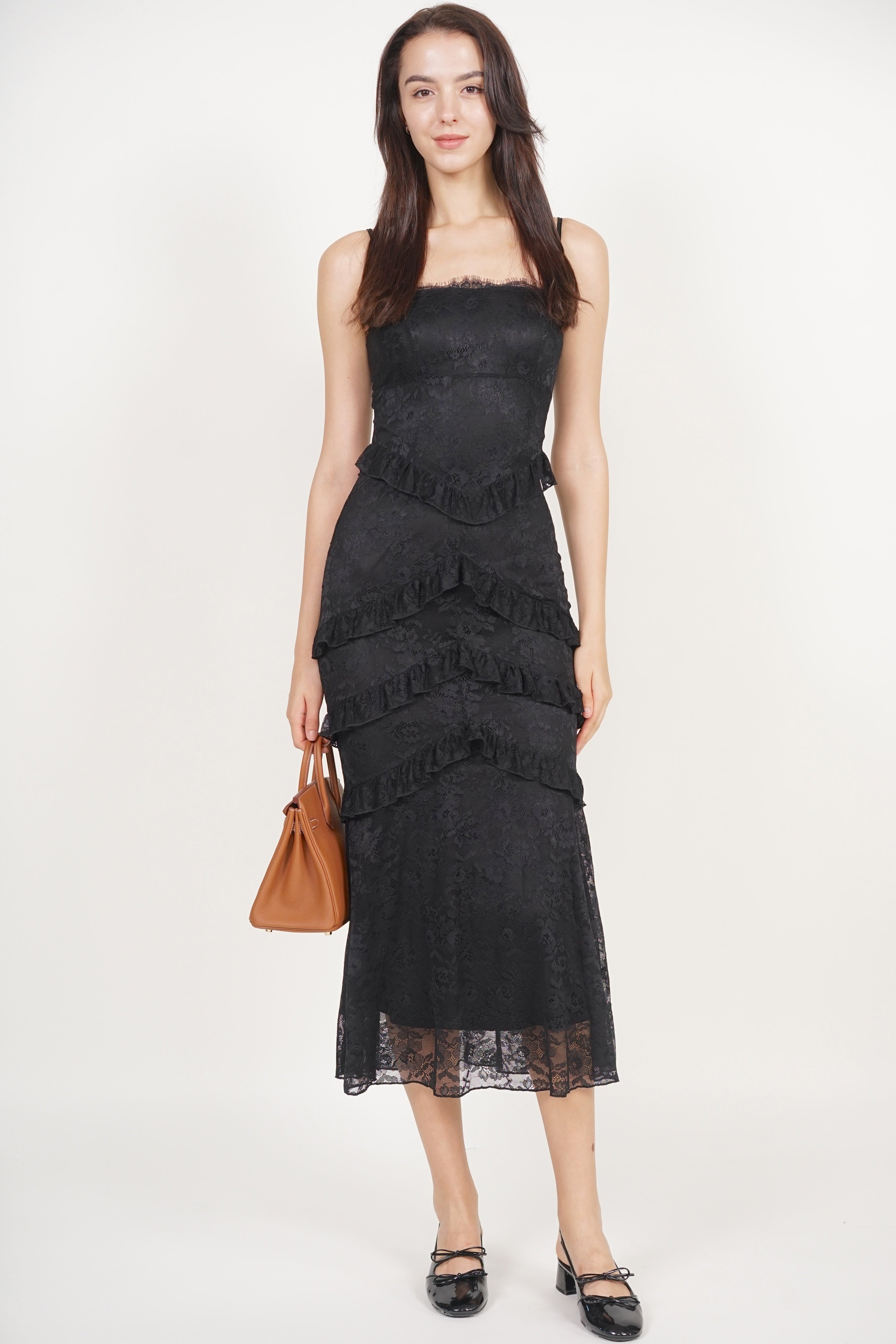 Midi Ruffled Dress in Black Lace