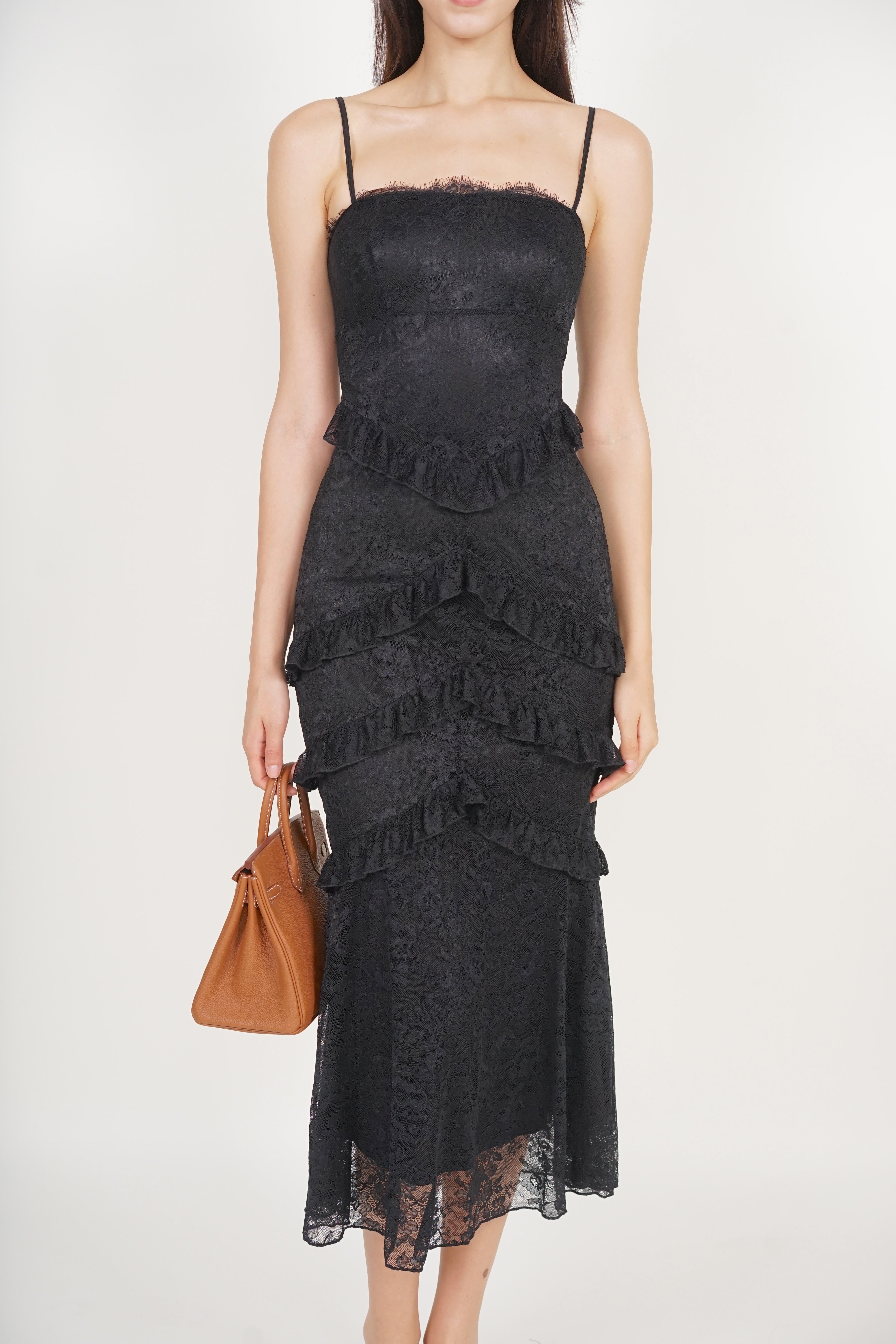 Midi Ruffled Dress in Black Lace