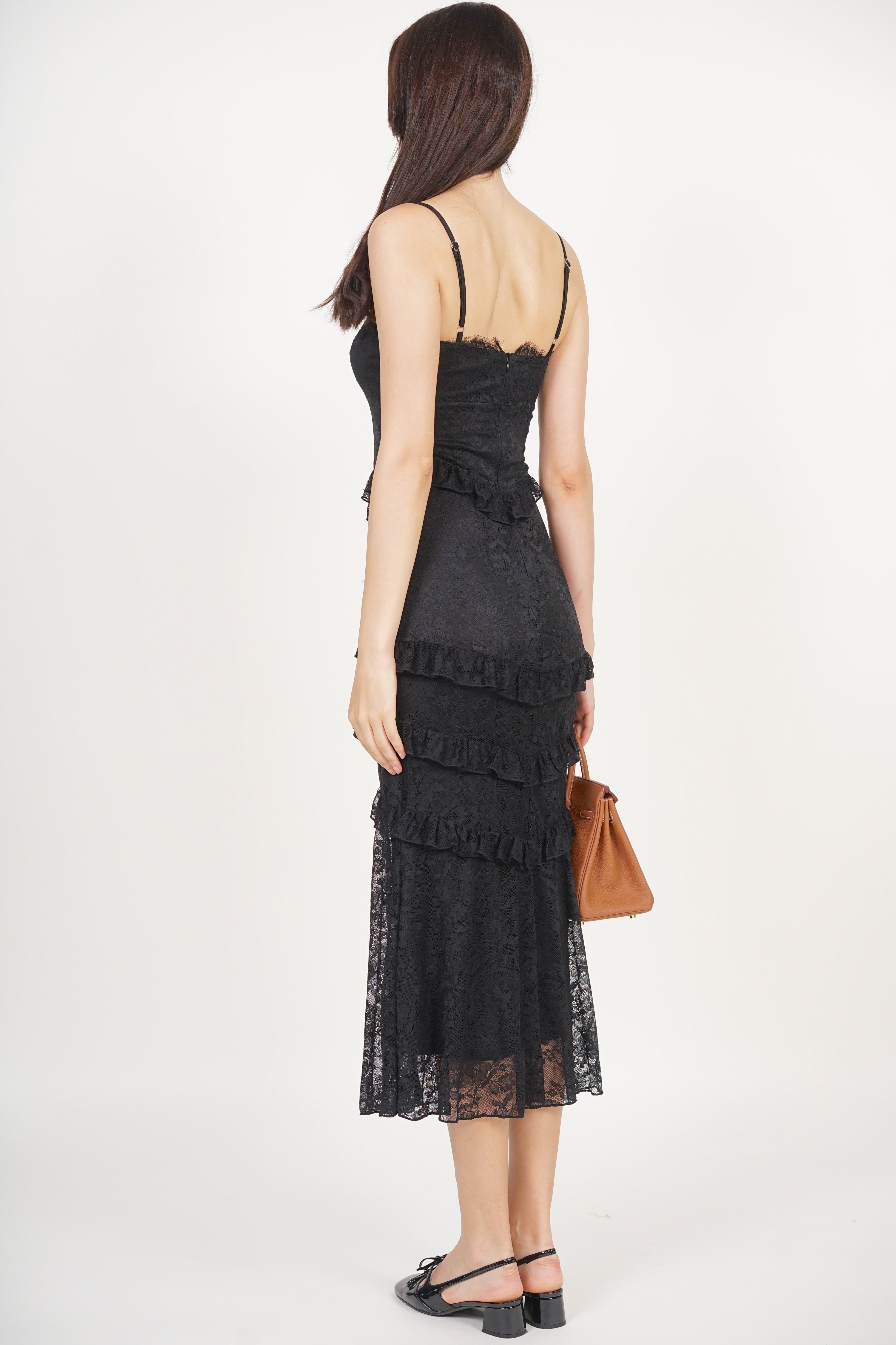 Midi Ruffled Dress in Black Lace