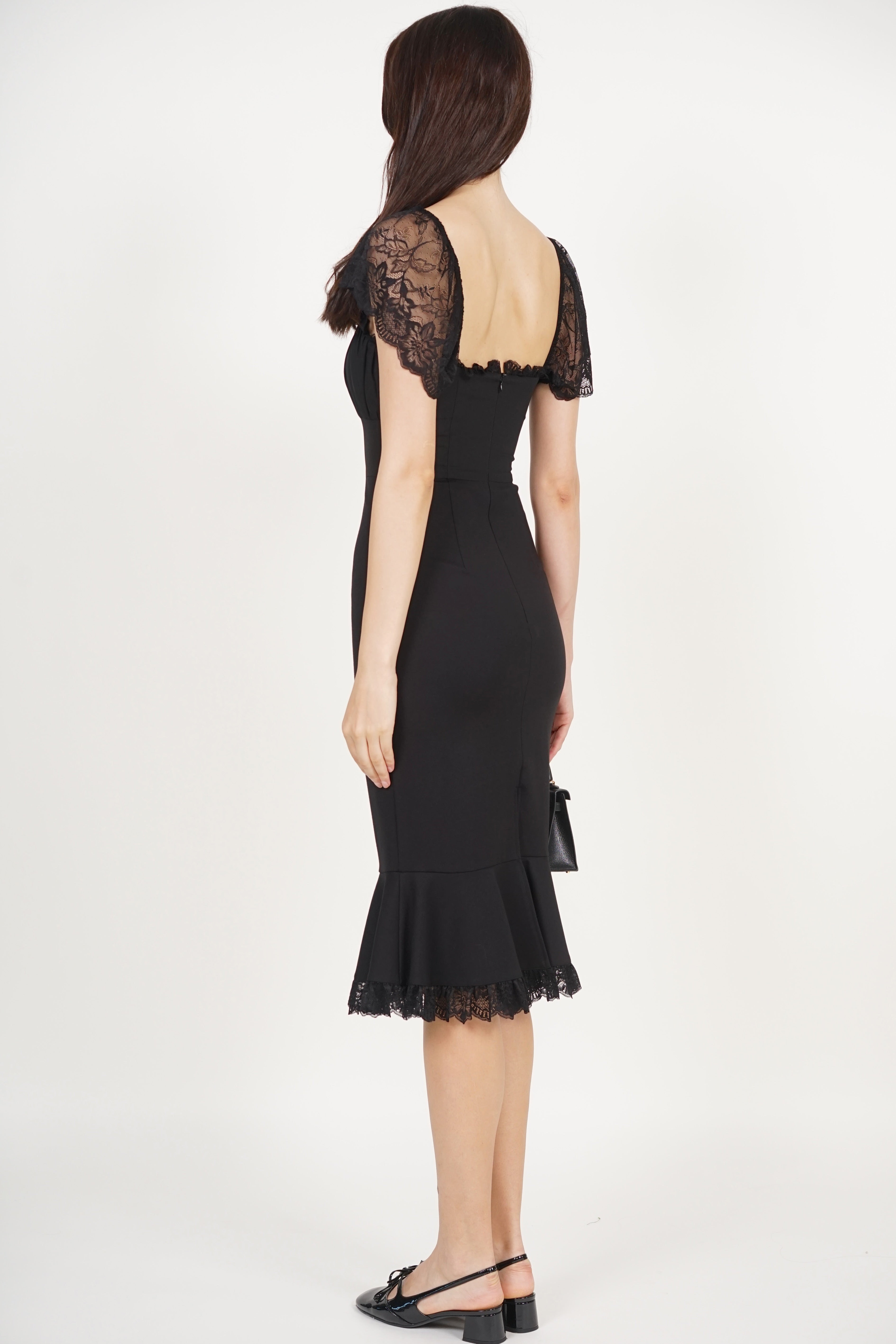 Ruched Mermaid Midi Dress in Black