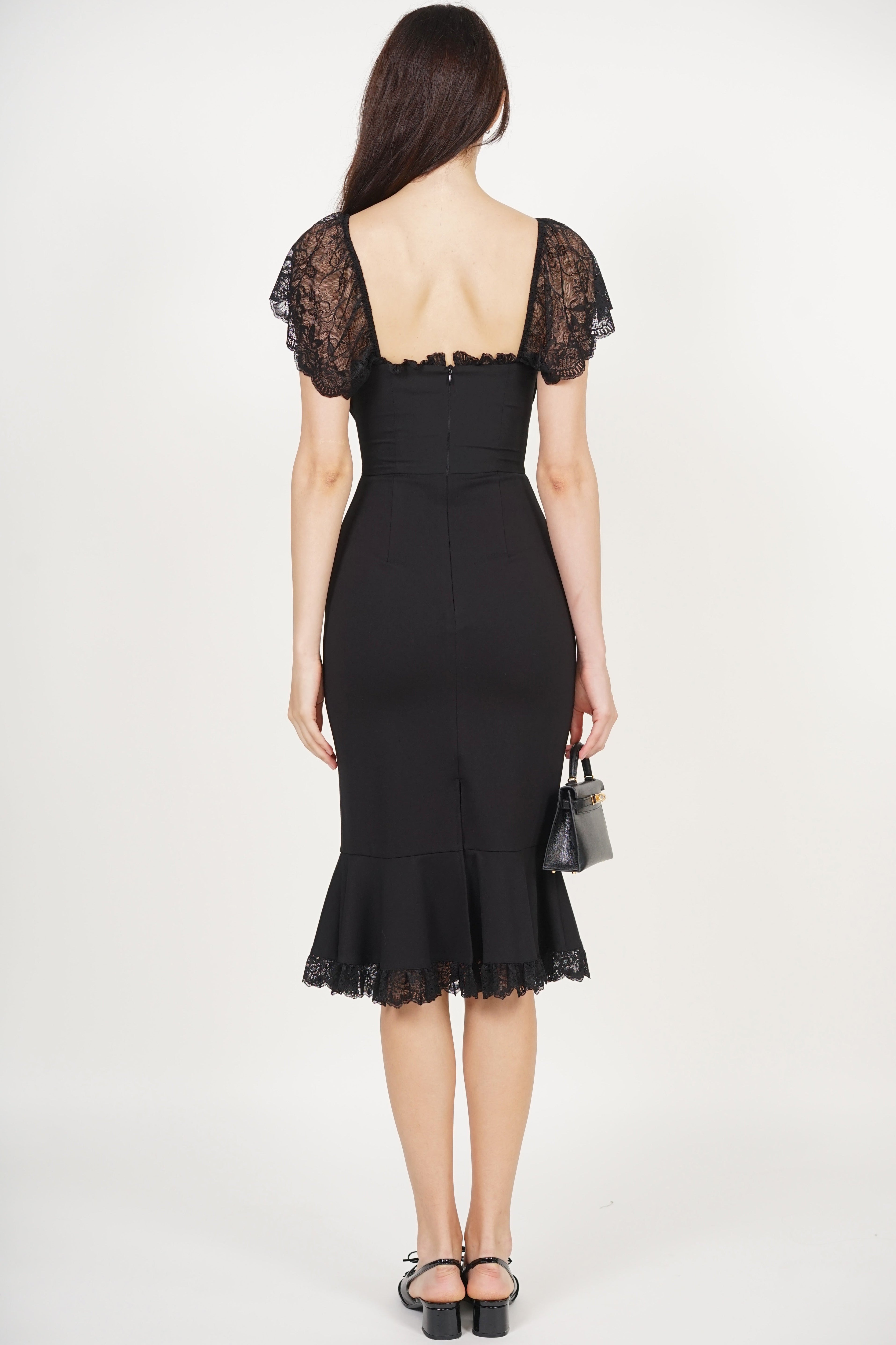 Ruched Mermaid Midi Dress in Black