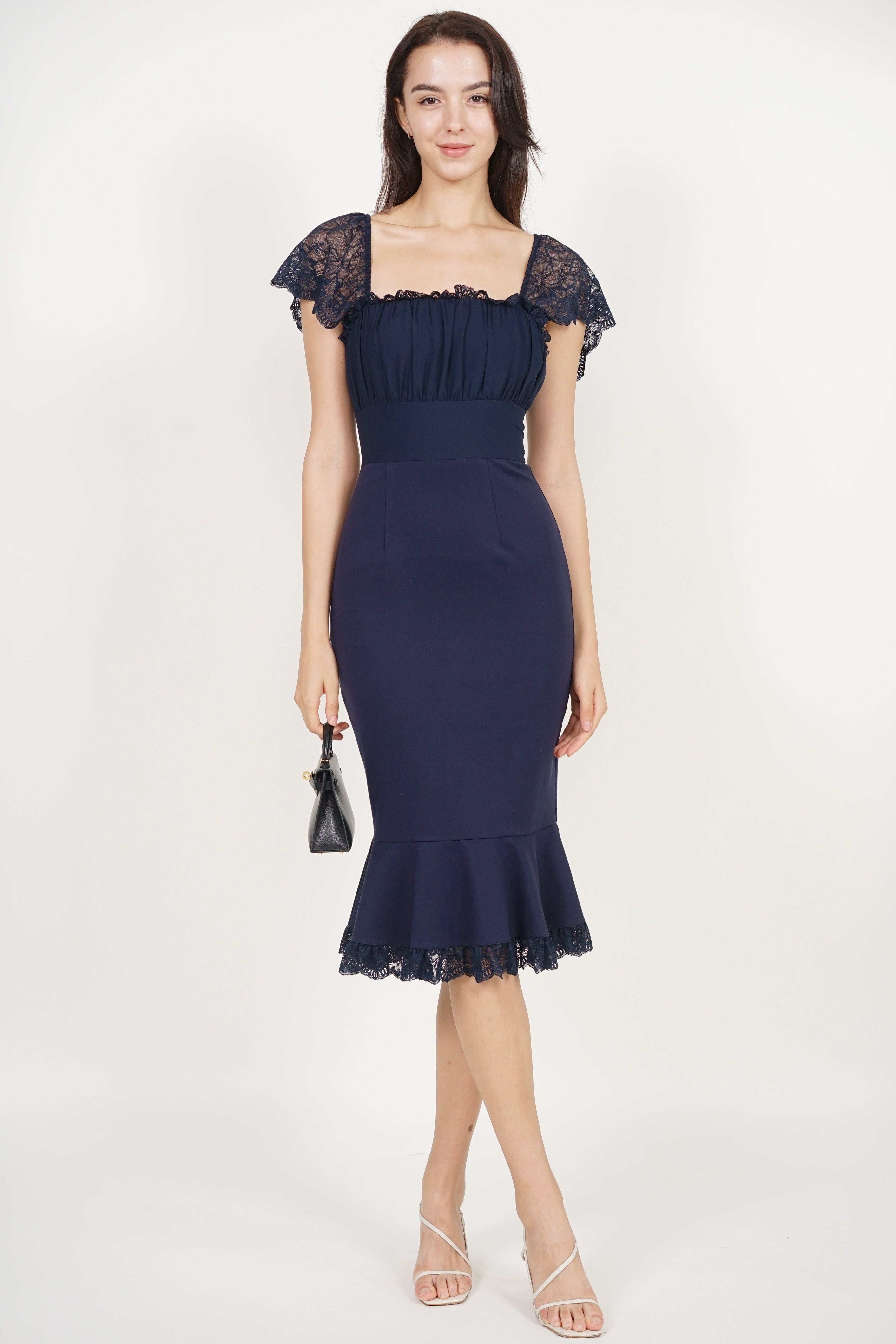 Ruched Mermaid Midi Dress in Midnight