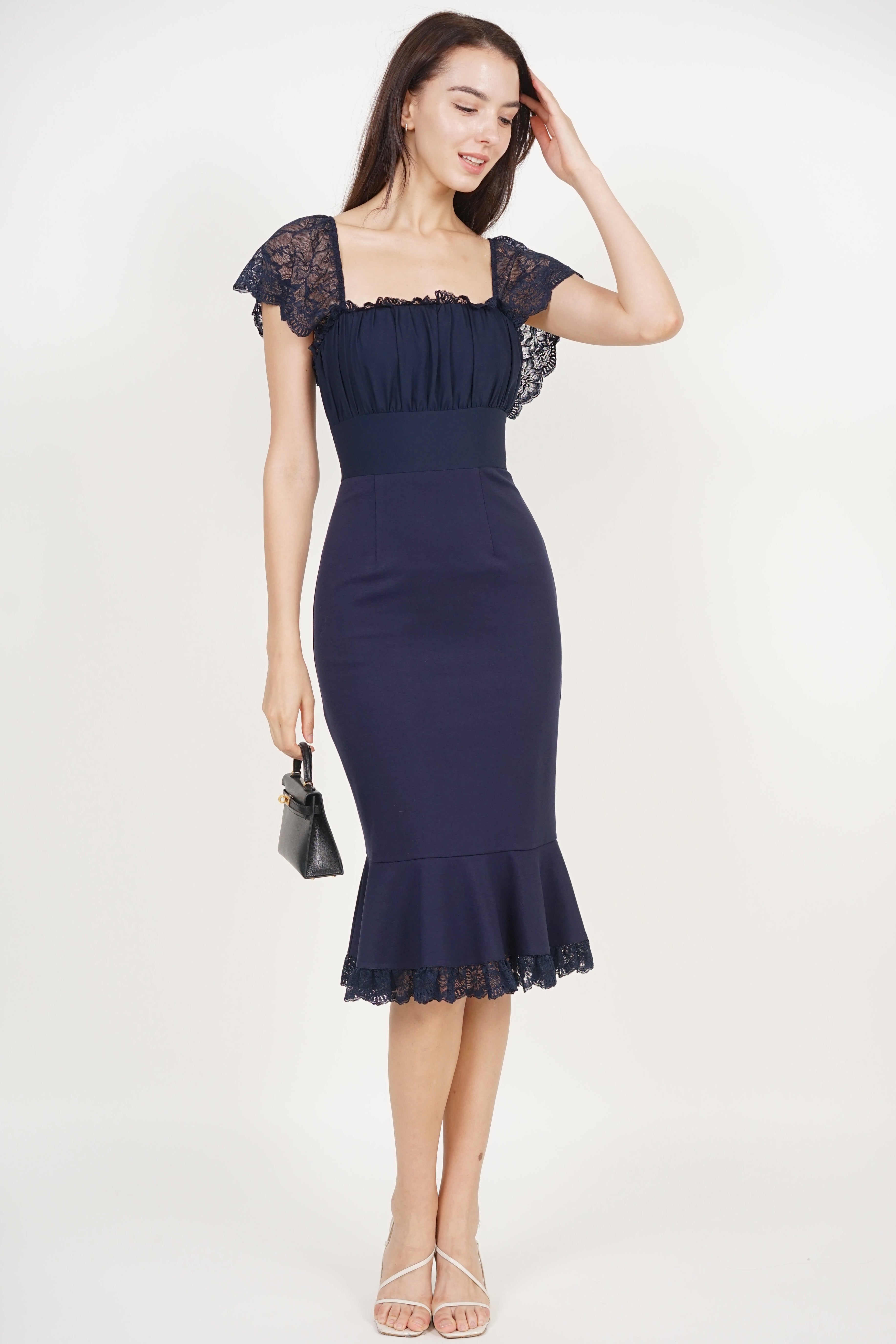Ruched Mermaid Midi Dress in Midnight