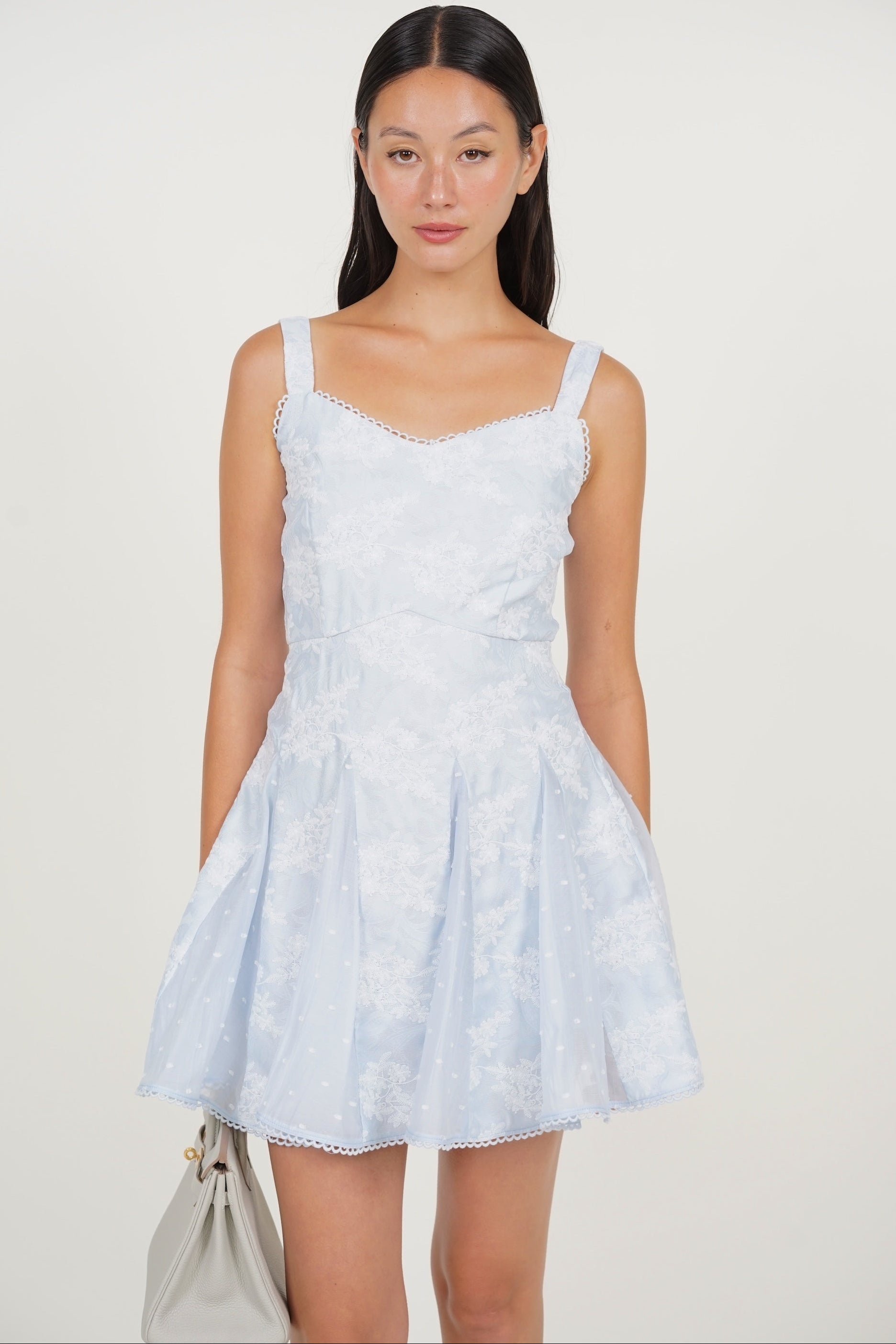 Godet Flare Mini Dress in Blue Floral