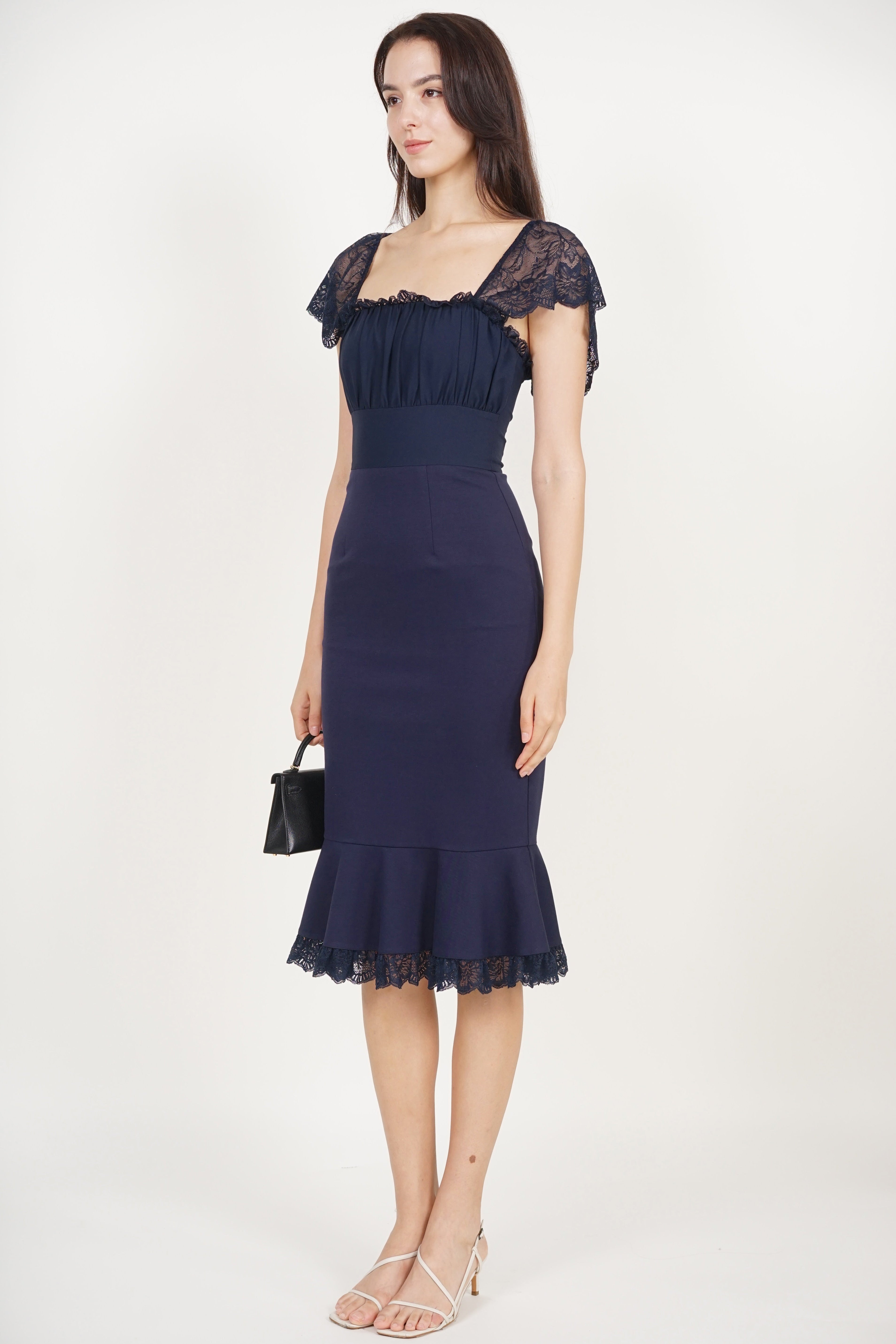 Ruched Mermaid Midi Dress in Midnight