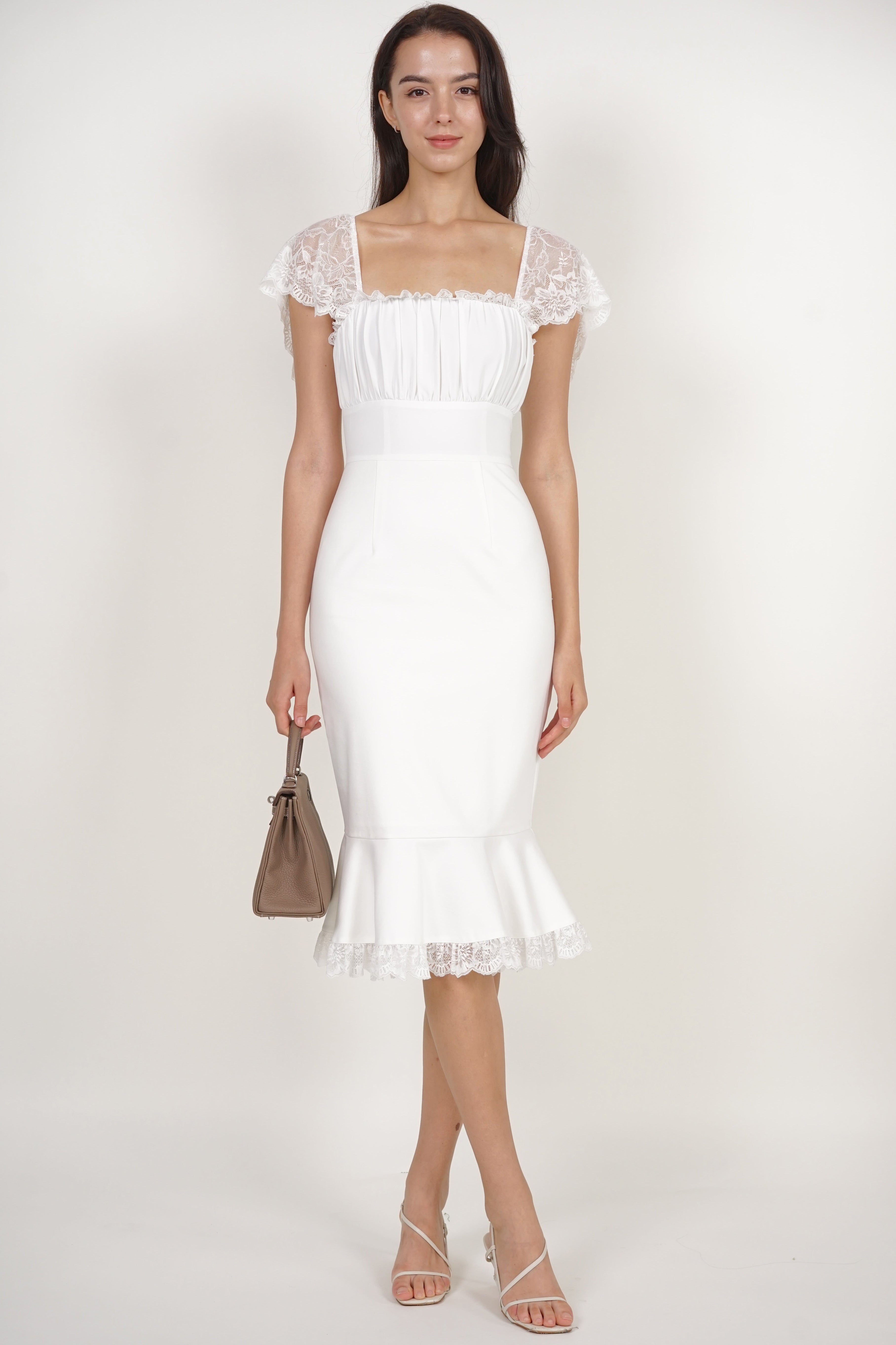 Ruched Mermaid Midi Dress in White