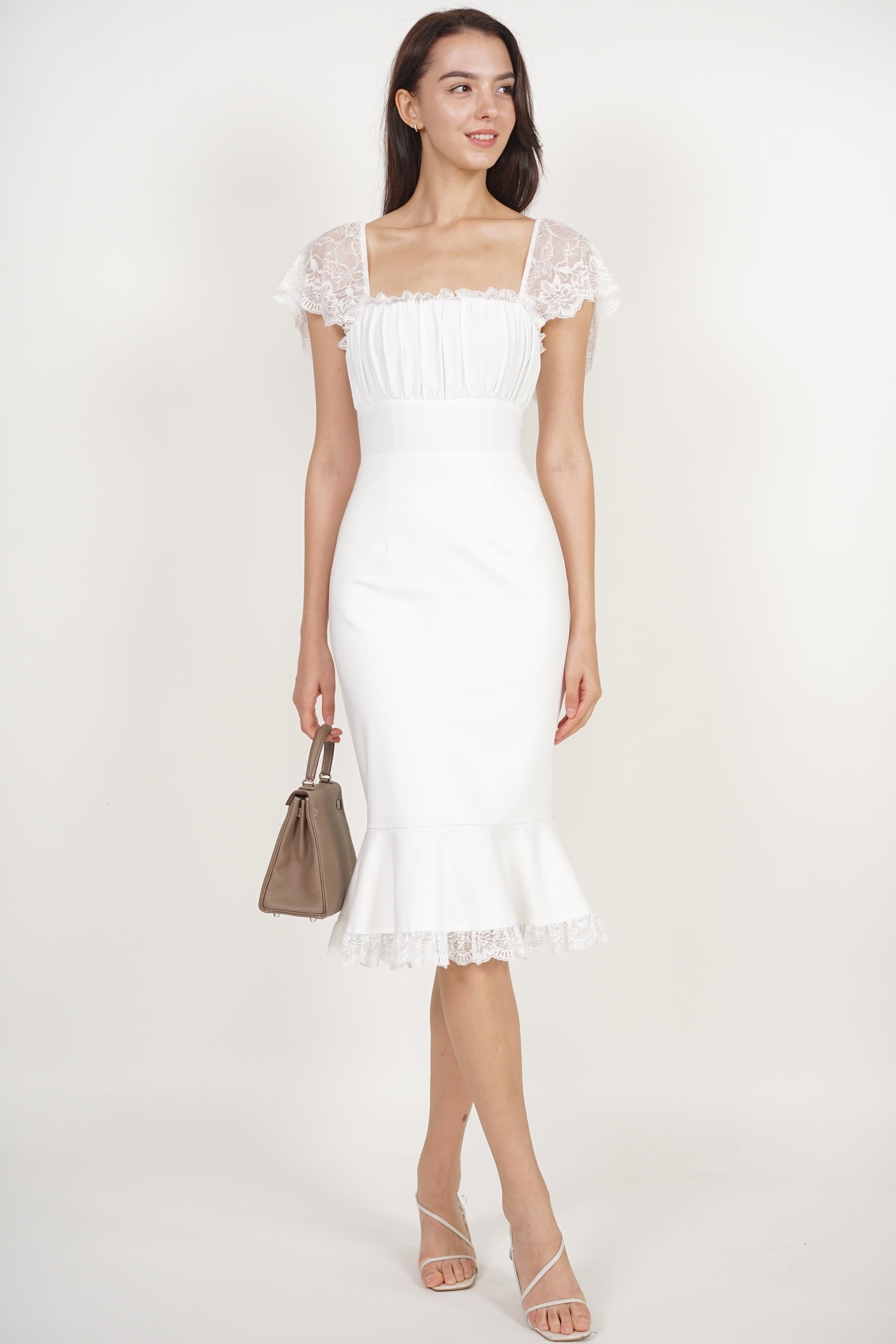 Ruched Mermaid Midi Dress in White