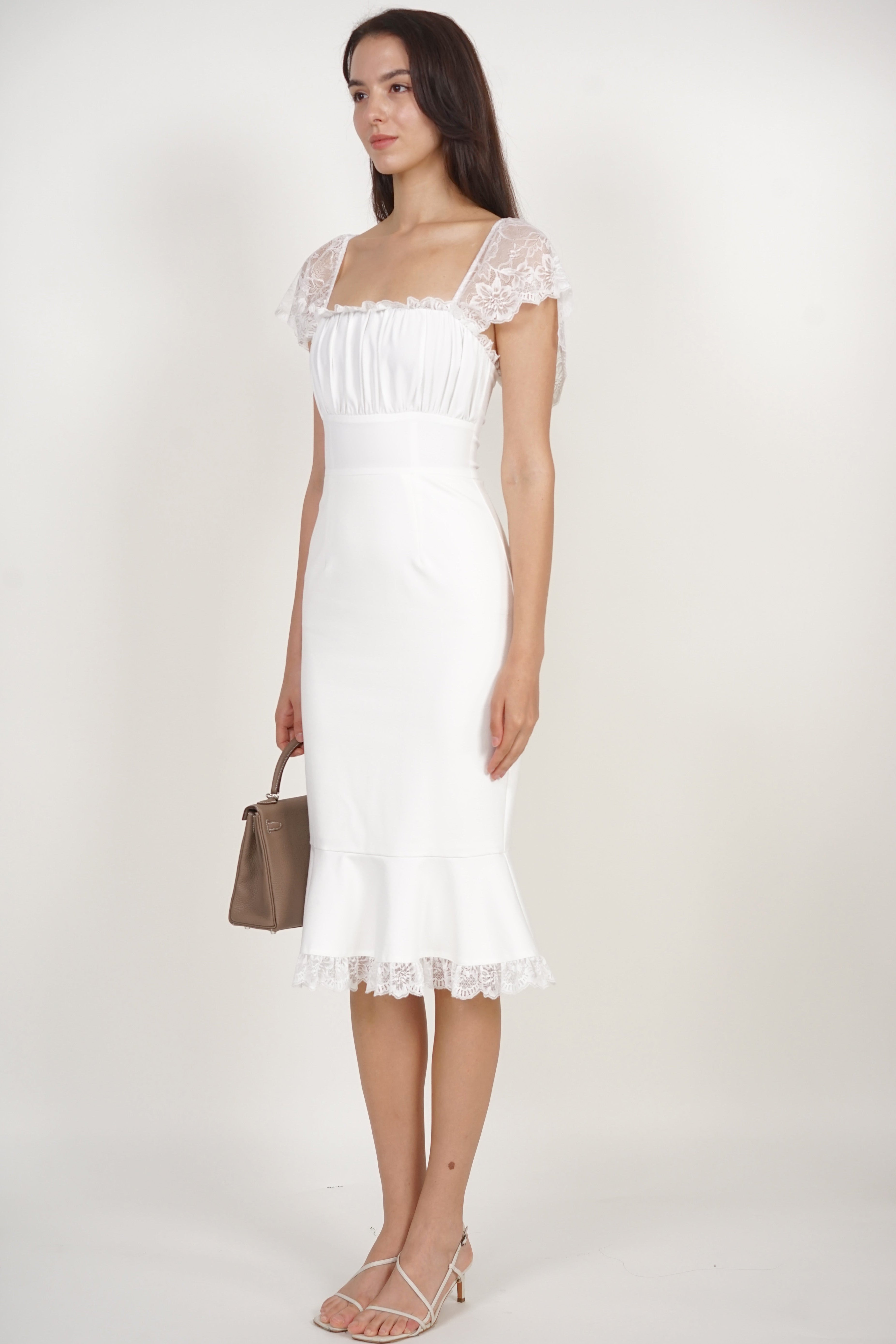 Ruched Mermaid Midi Dress in White