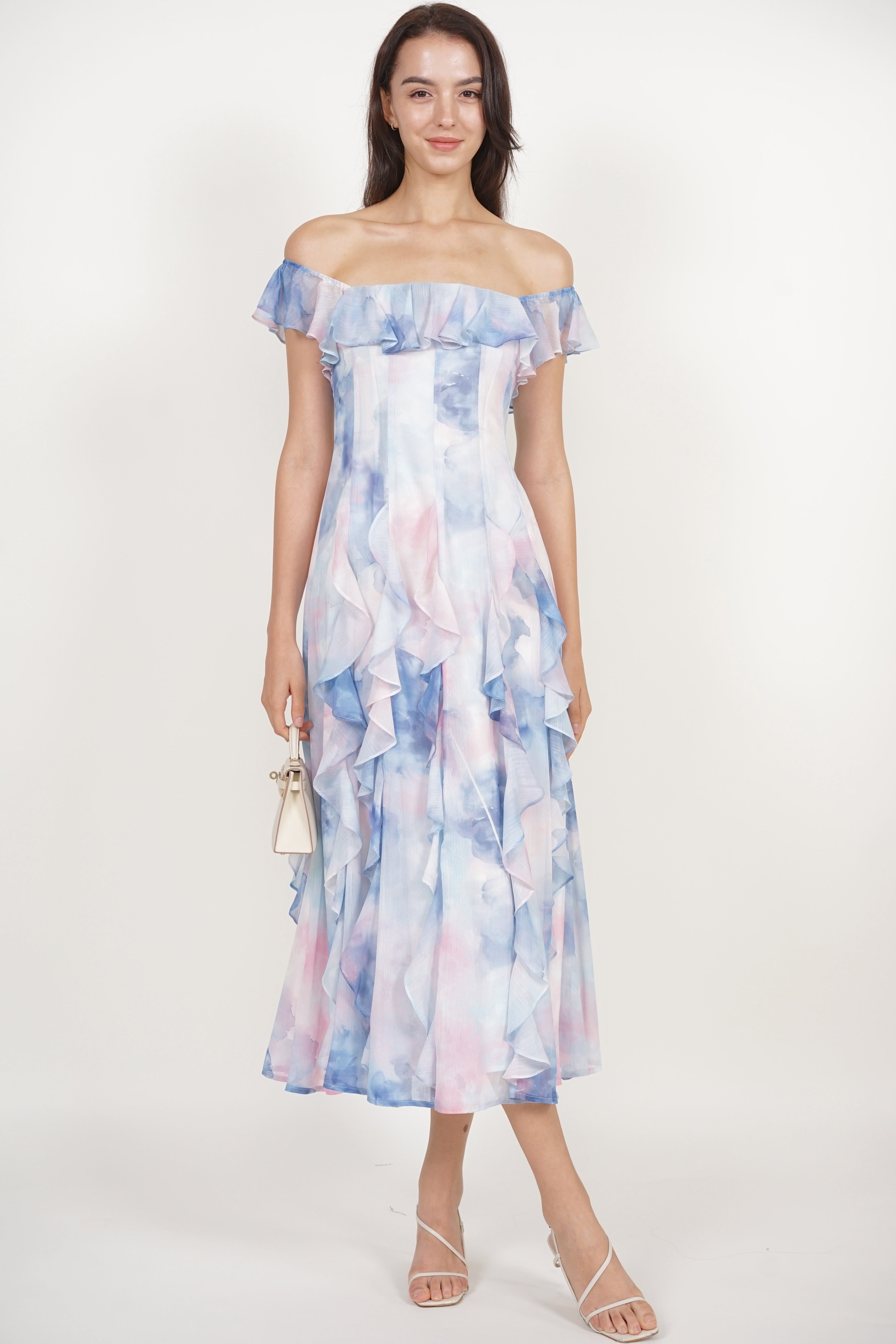 Off-Shoulder Ruffle Dress in Blue Watercolor