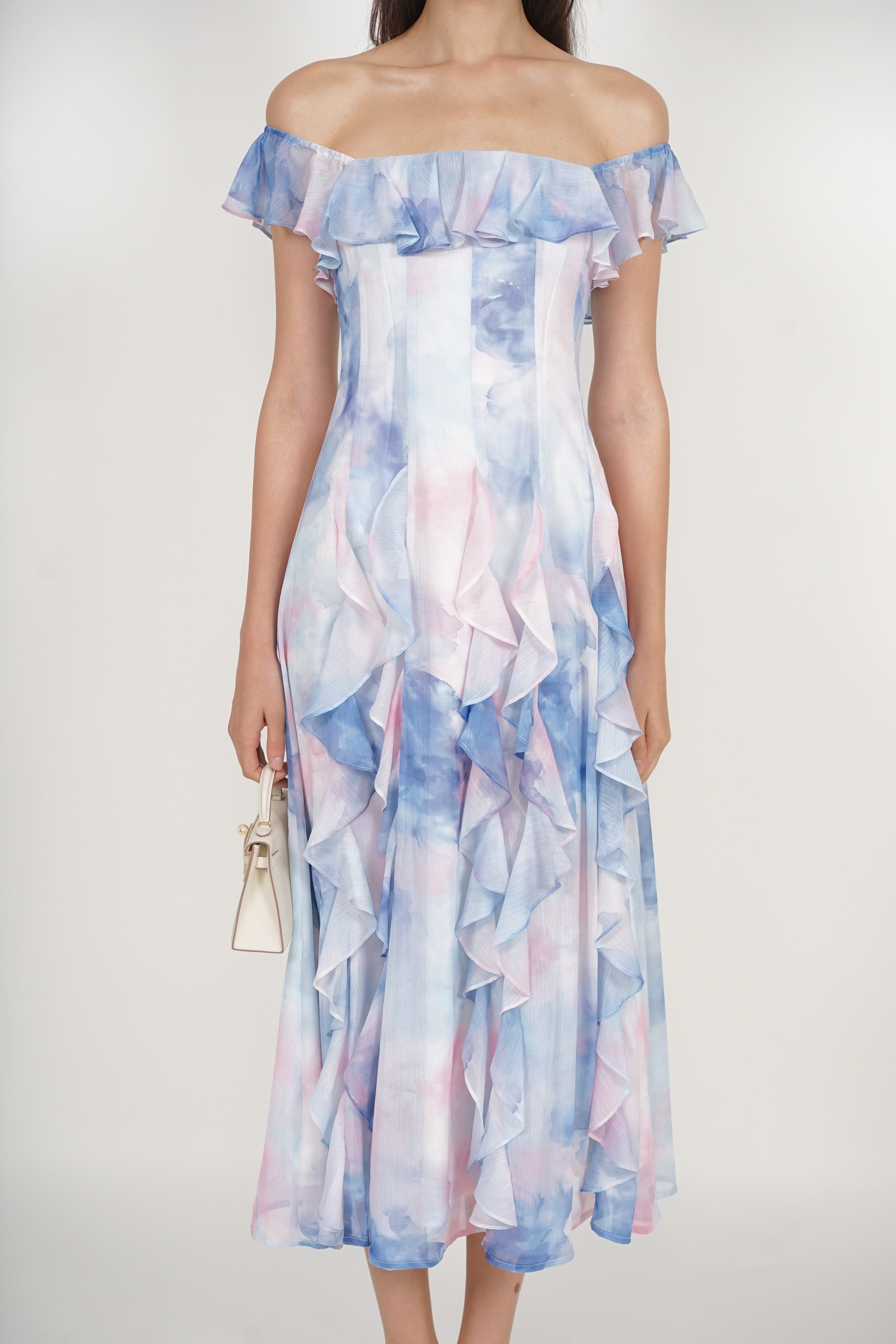 Off-Shoulder Ruffle Dress in Blue Watercolor