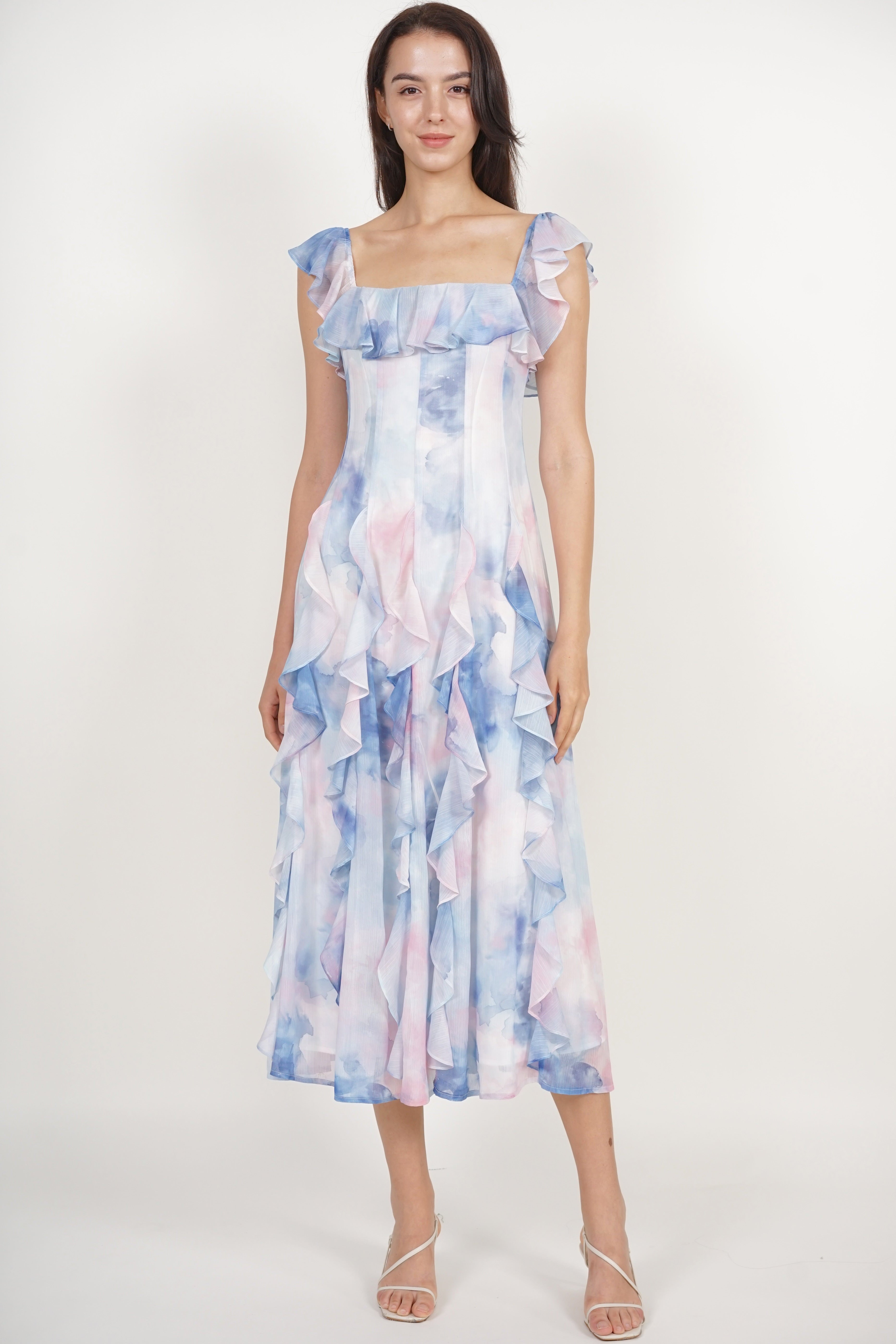 Off-Shoulder Ruffle Dress in Blue Watercolor