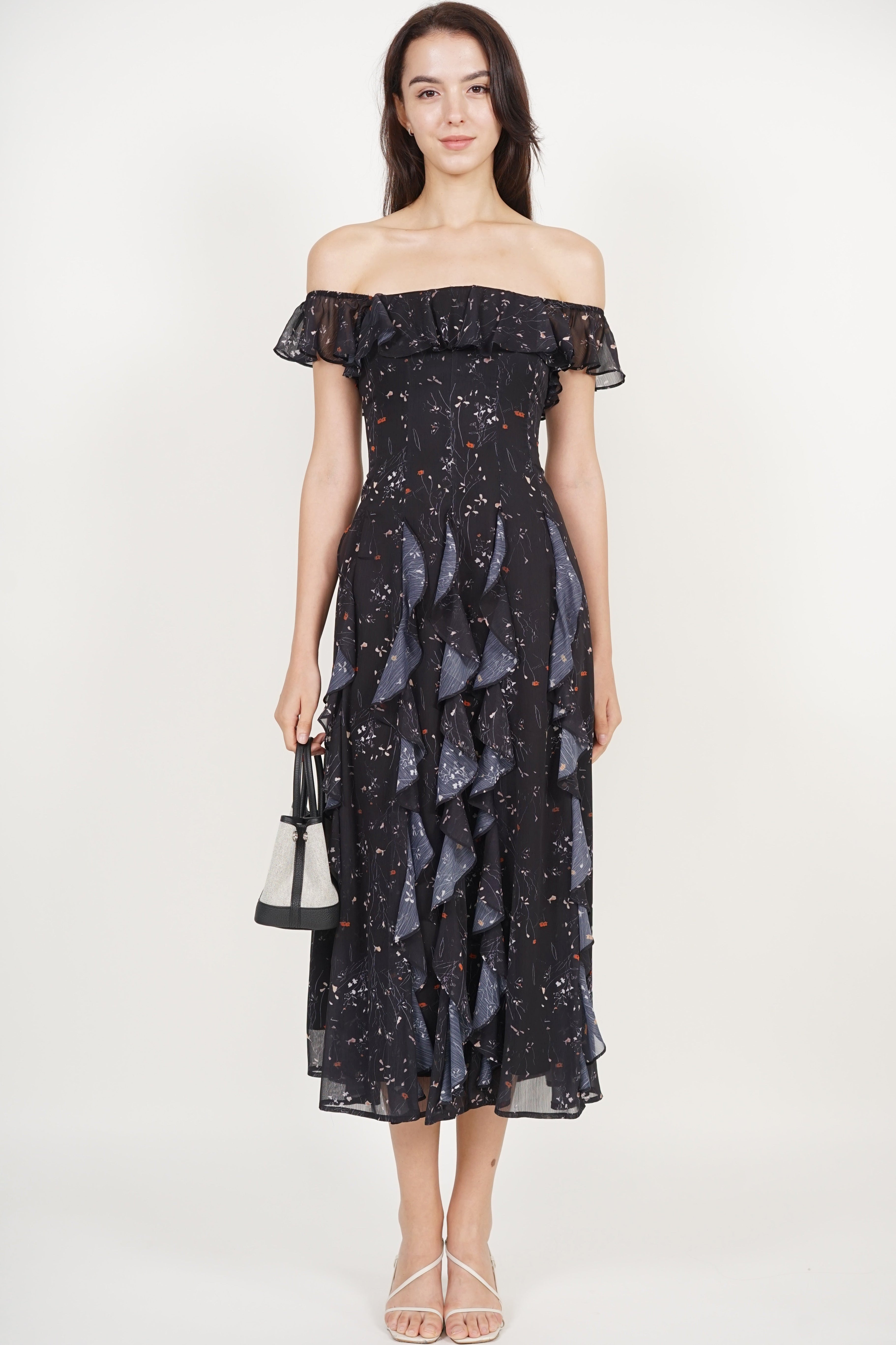 Off-Shoulder Ruffle Dress in Black Floral