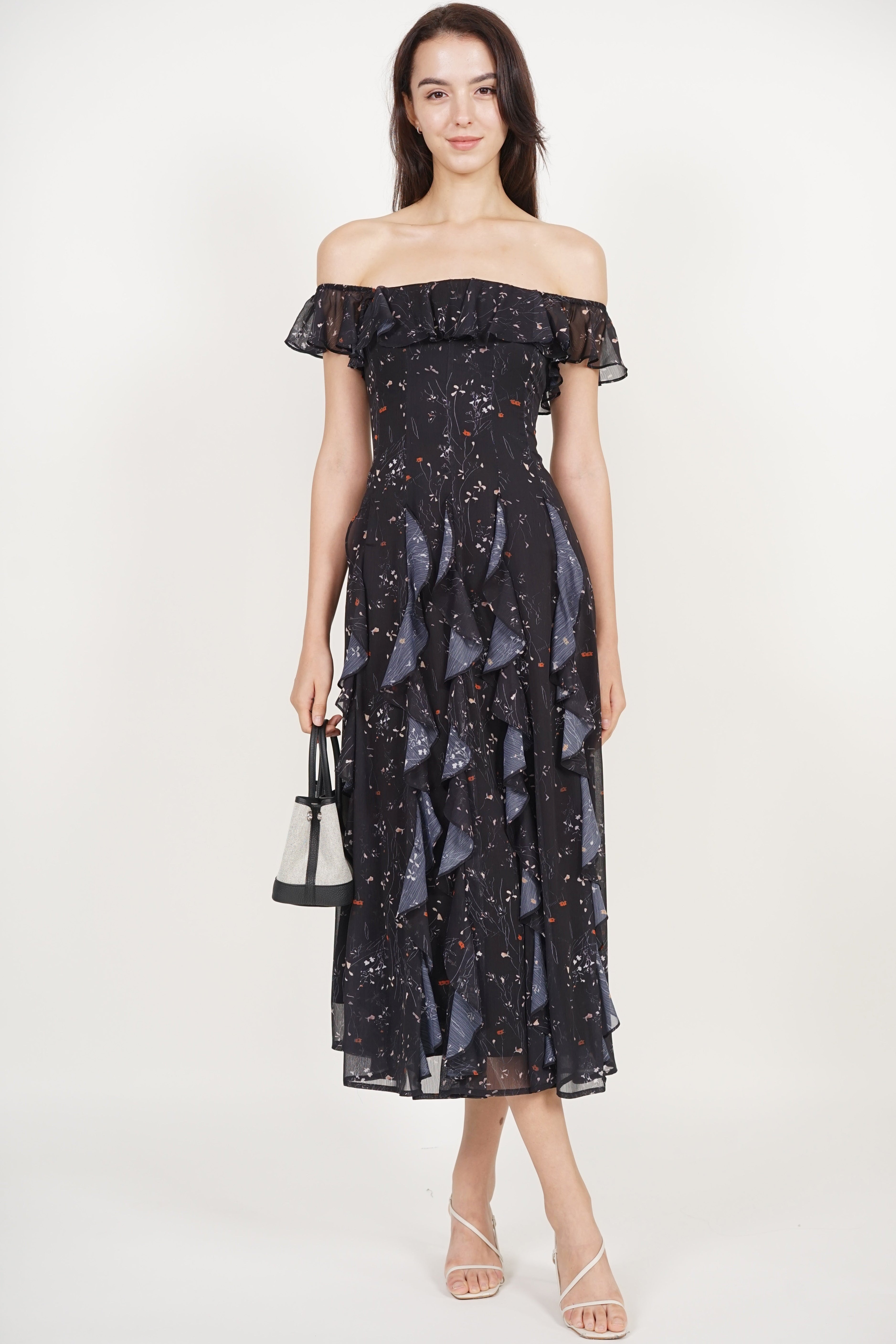 Off-Shoulder Ruffle Dress in Black Floral