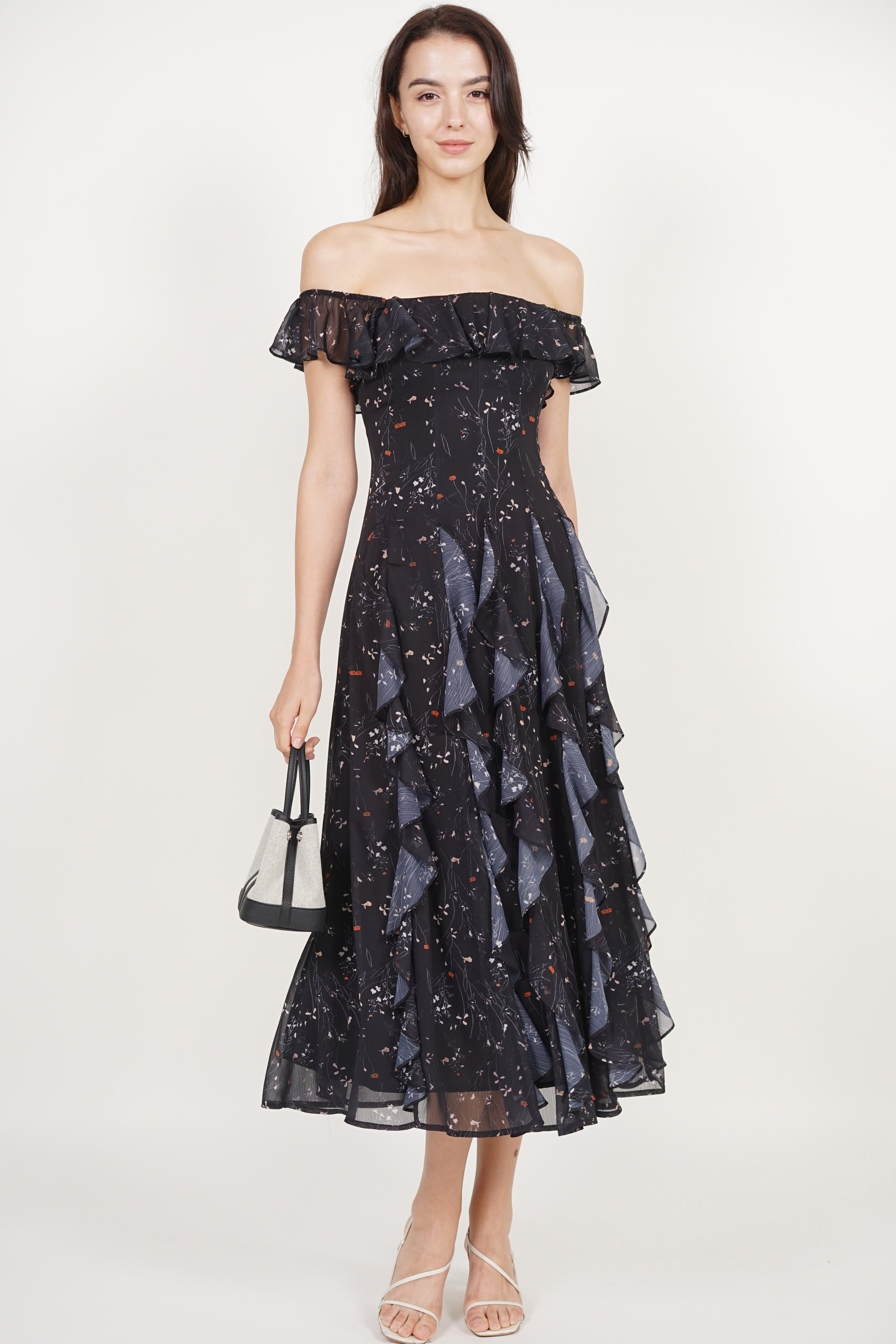 Off-Shoulder Ruffle Dress in Black Floral