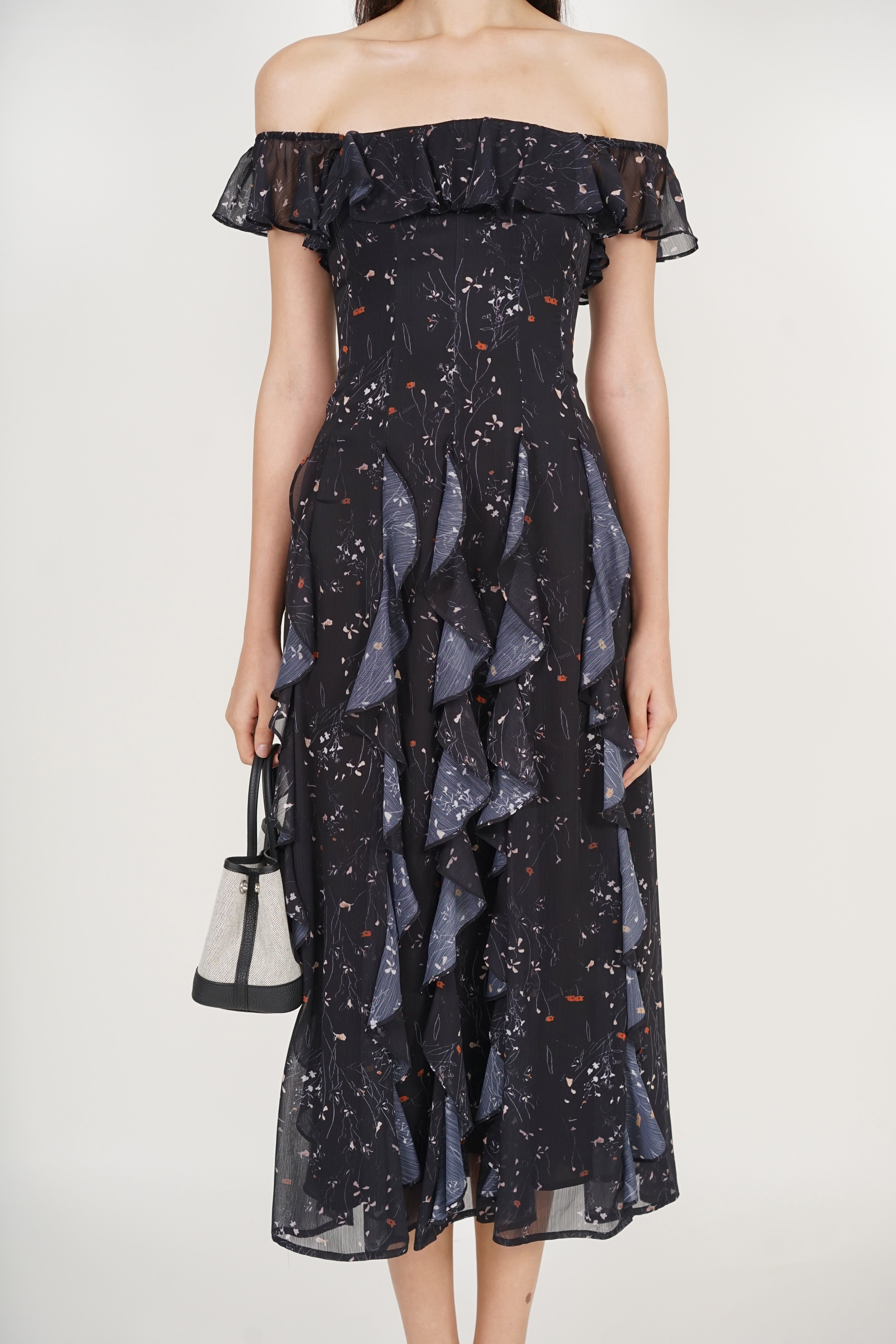 Off-Shoulder Ruffle Dress in Black Floral
