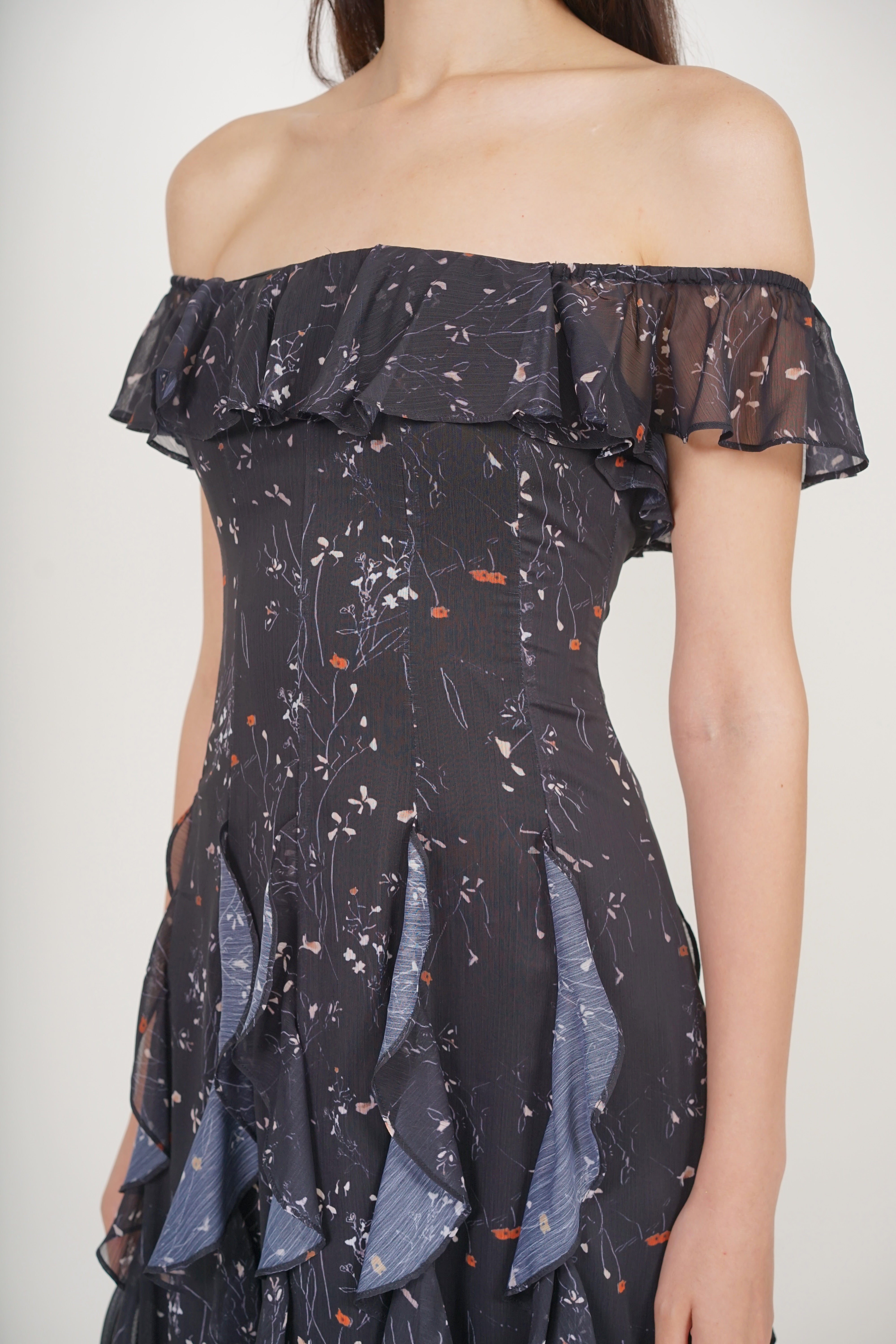 Off-Shoulder Ruffle Dress in Black Floral