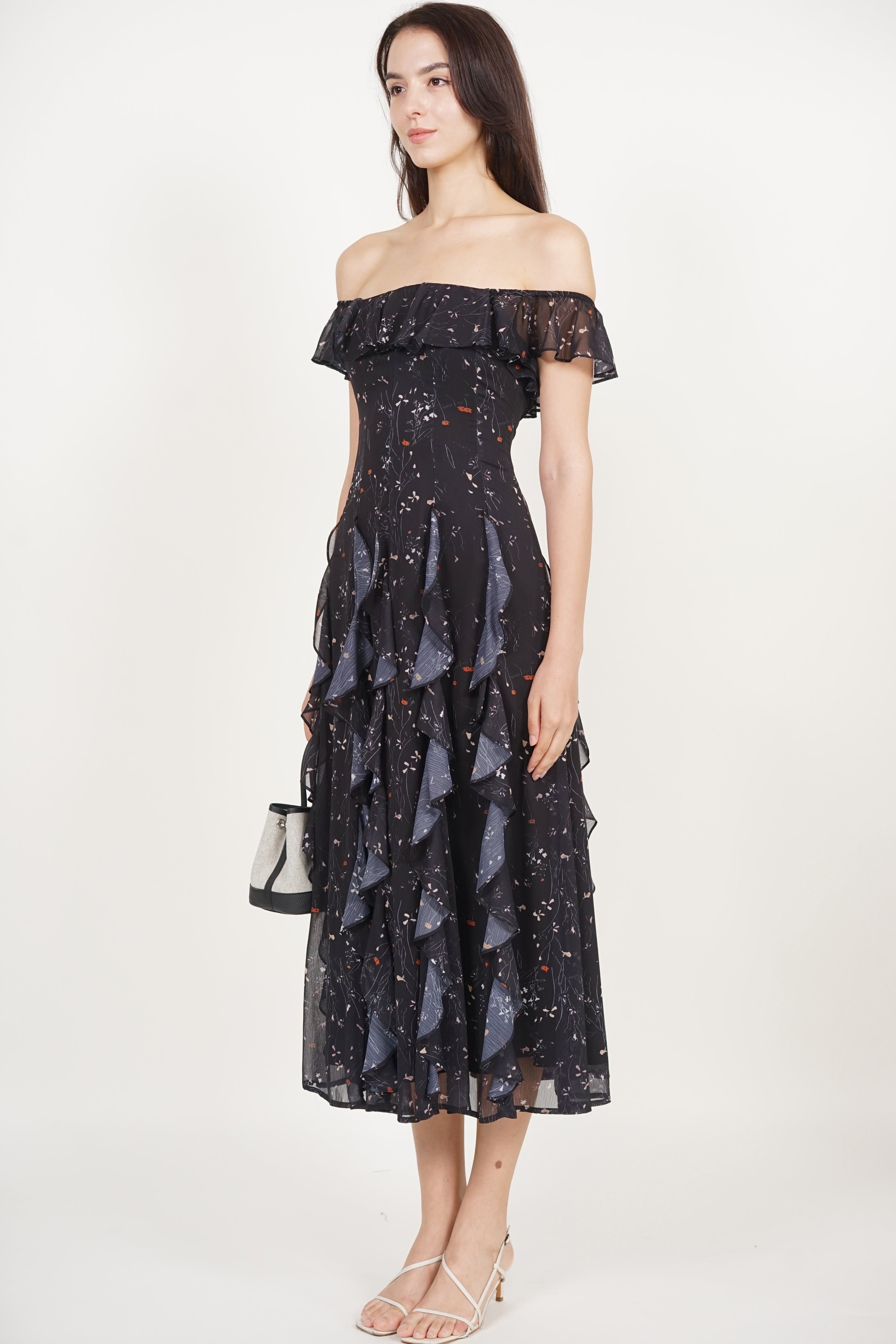 Off-Shoulder Ruffle Dress in Black Floral
