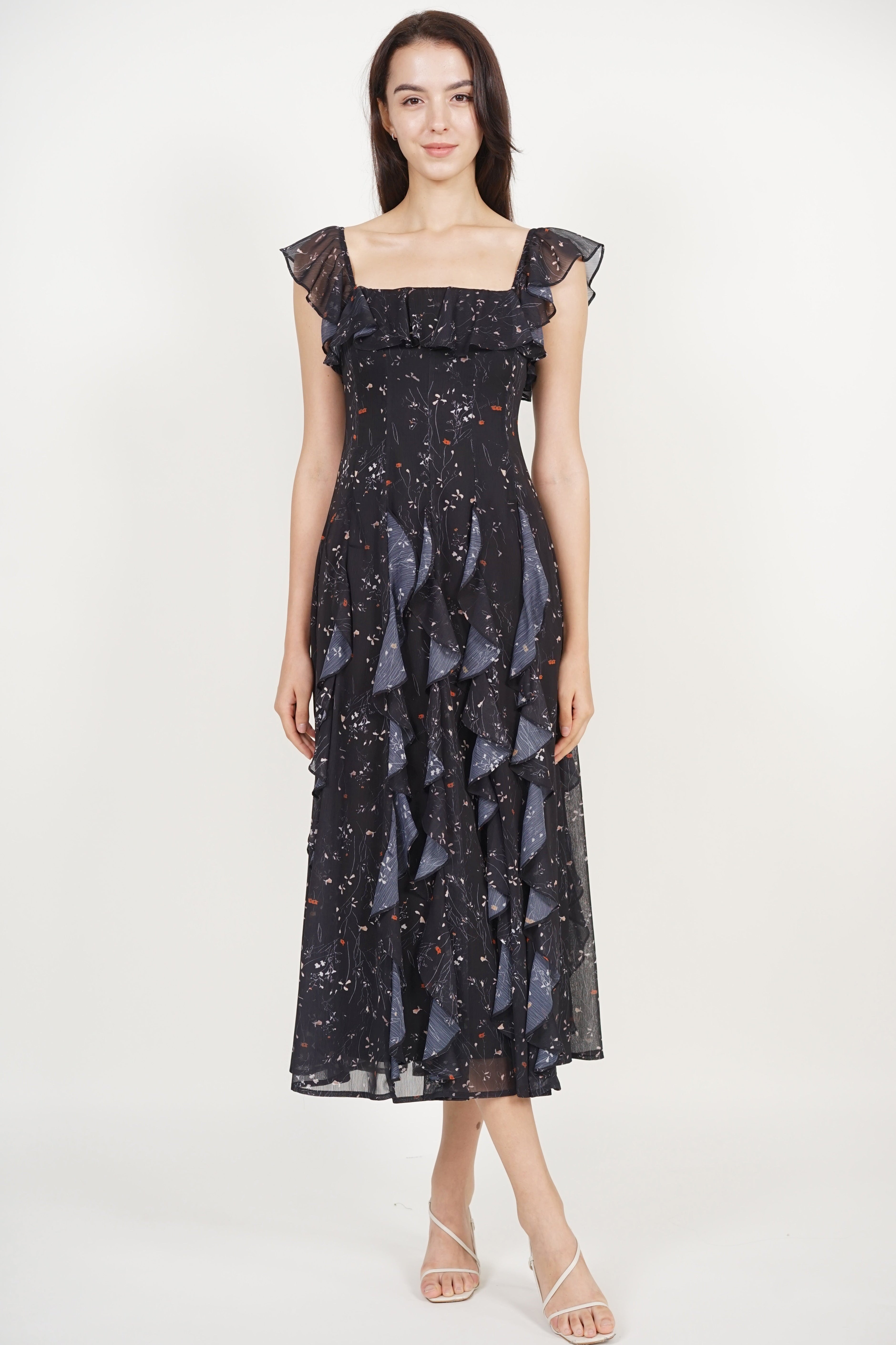 Off-Shoulder Ruffle Dress in Black Floral