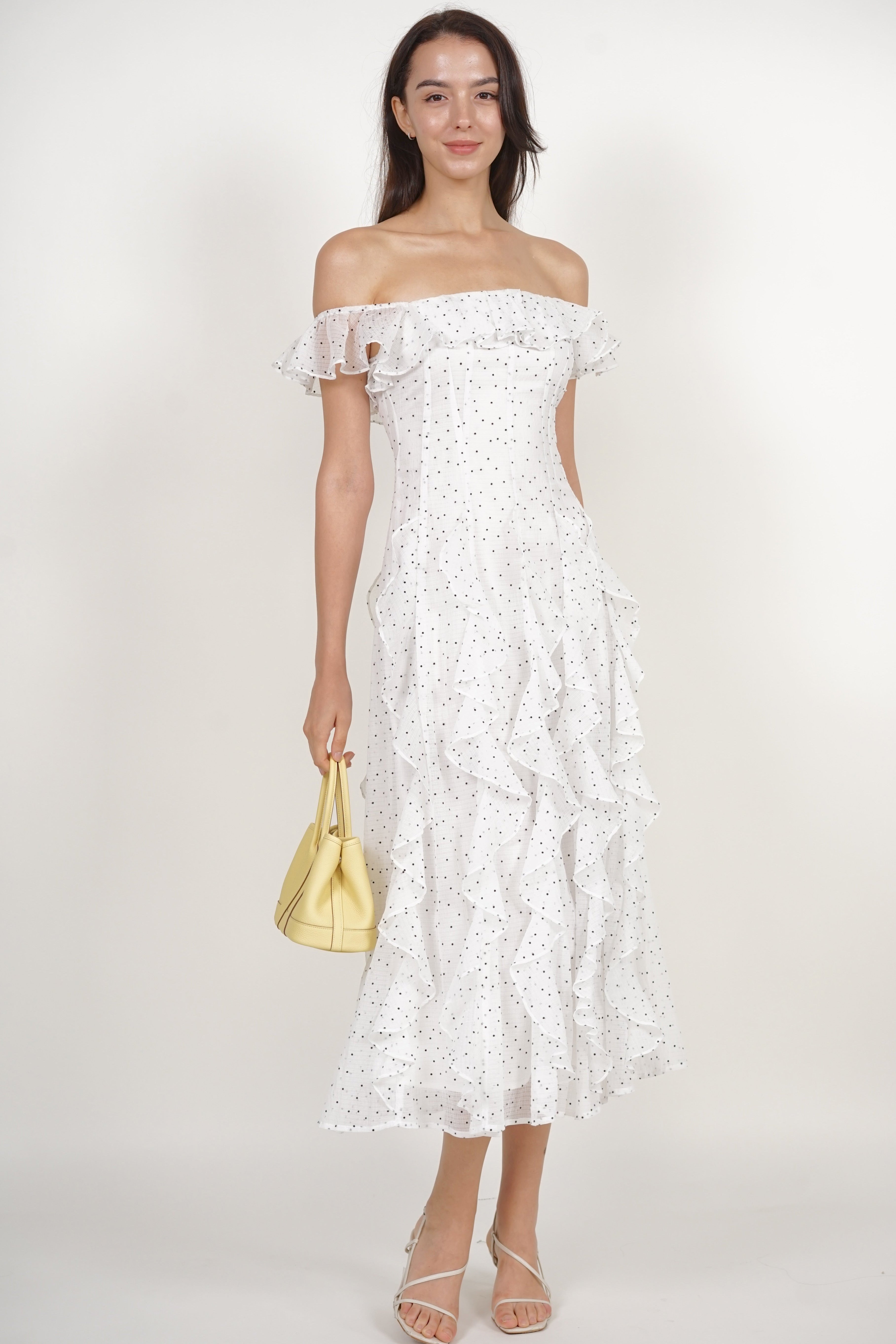 Off-Shoulder Ruffle Dress in White Dots