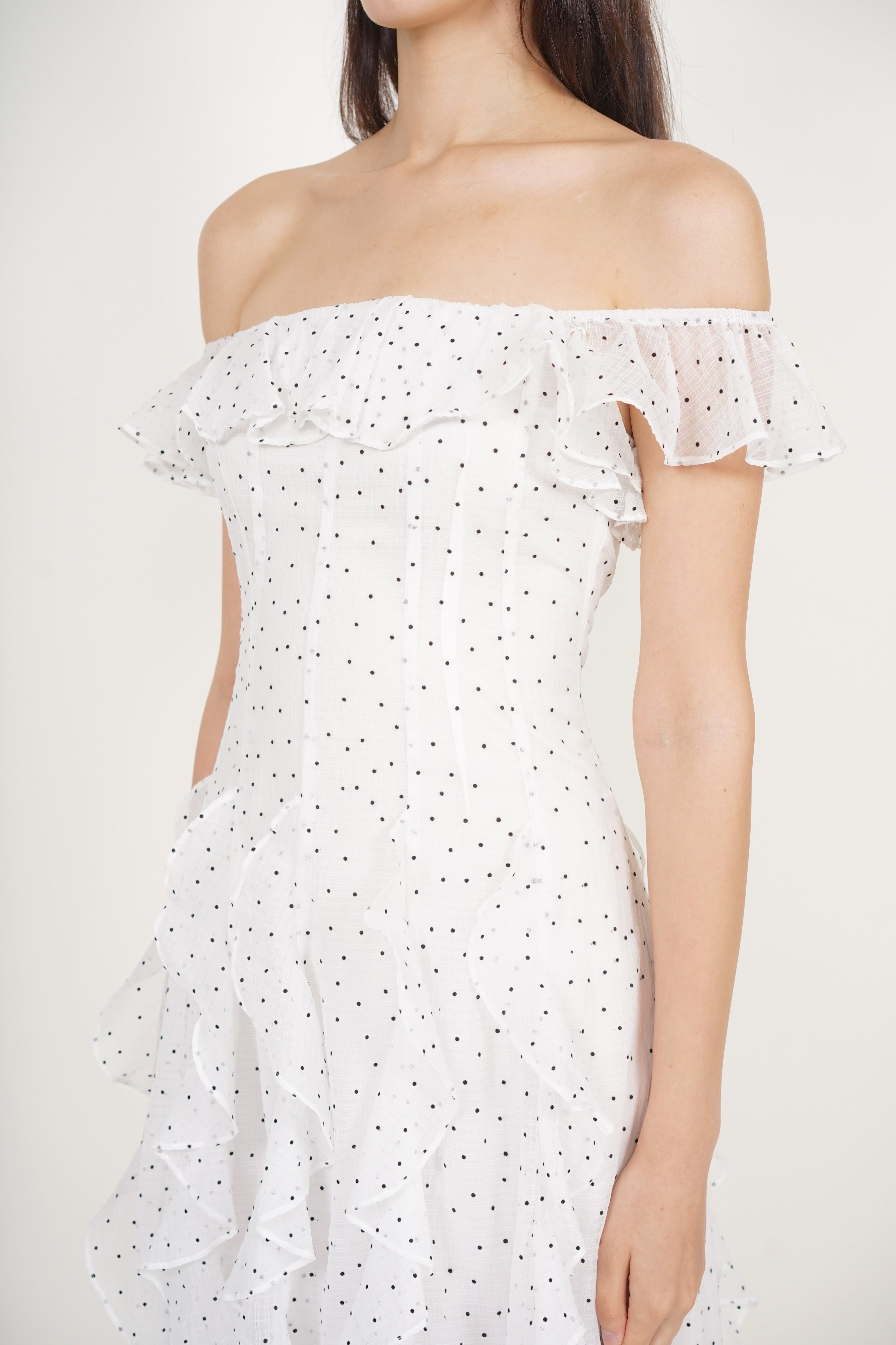 Off-Shoulder Ruffle Dress in White Dots