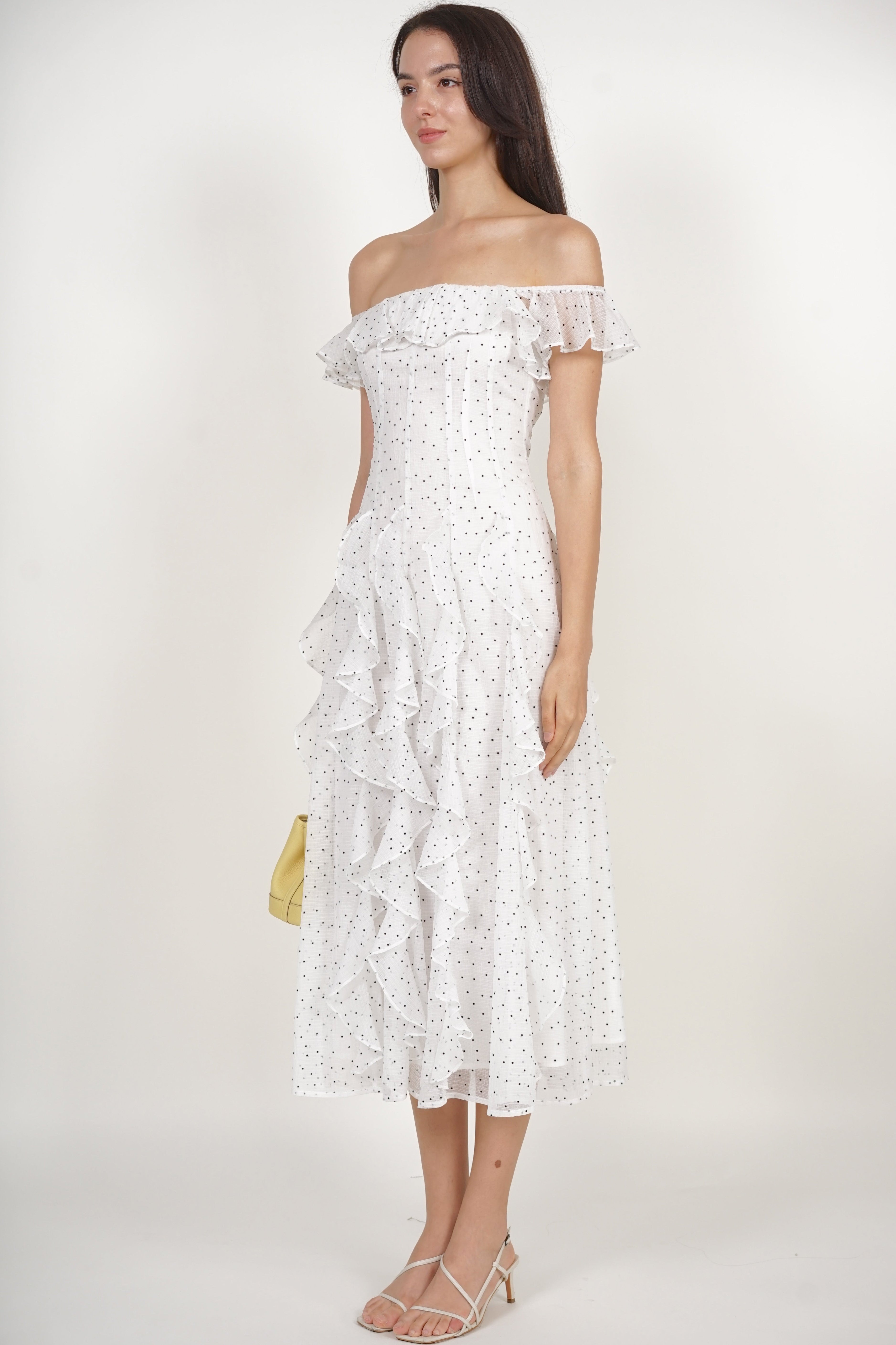 Off-Shoulder Ruffle Dress in White Dots