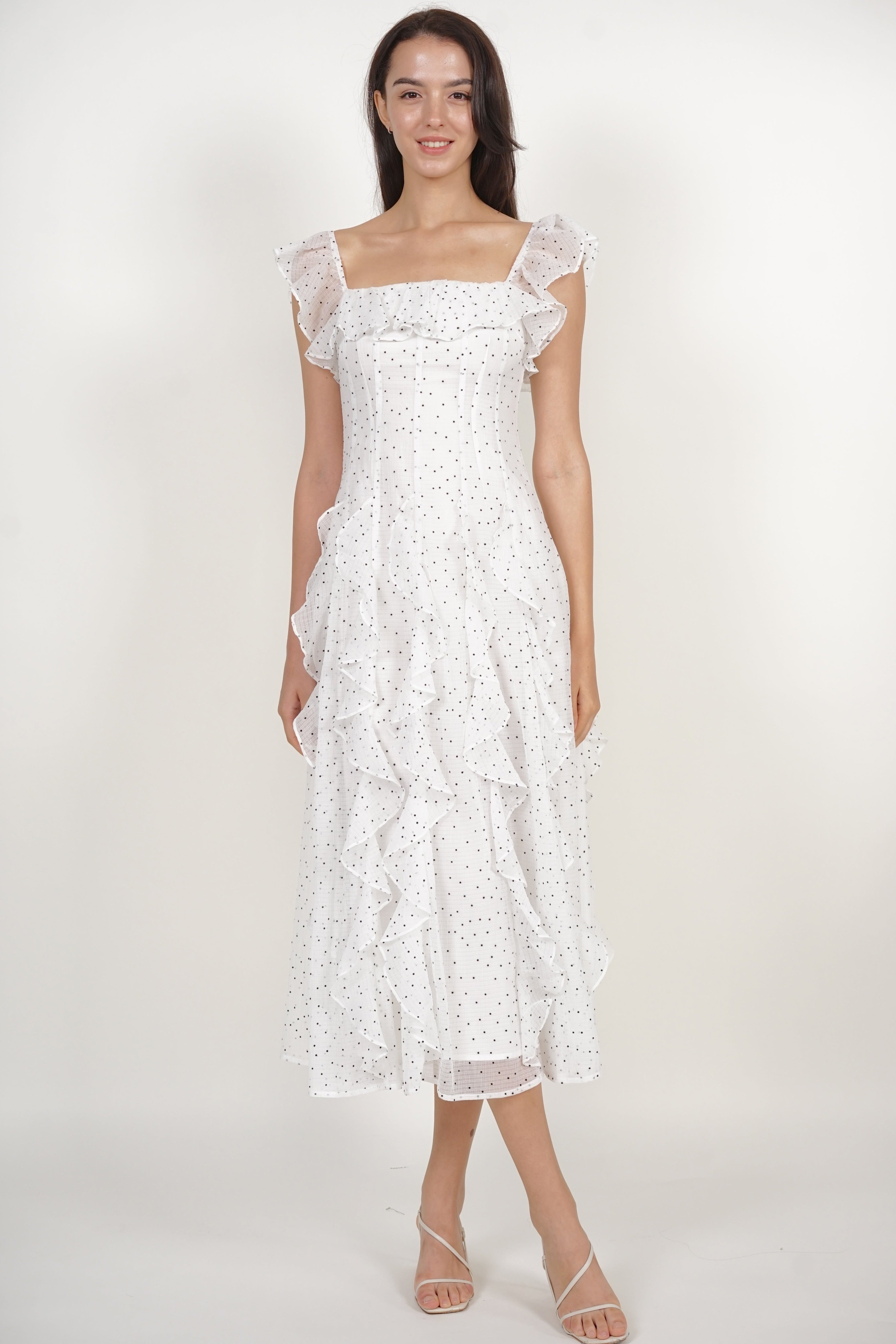 Off-Shoulder Ruffle Dress in White Dots