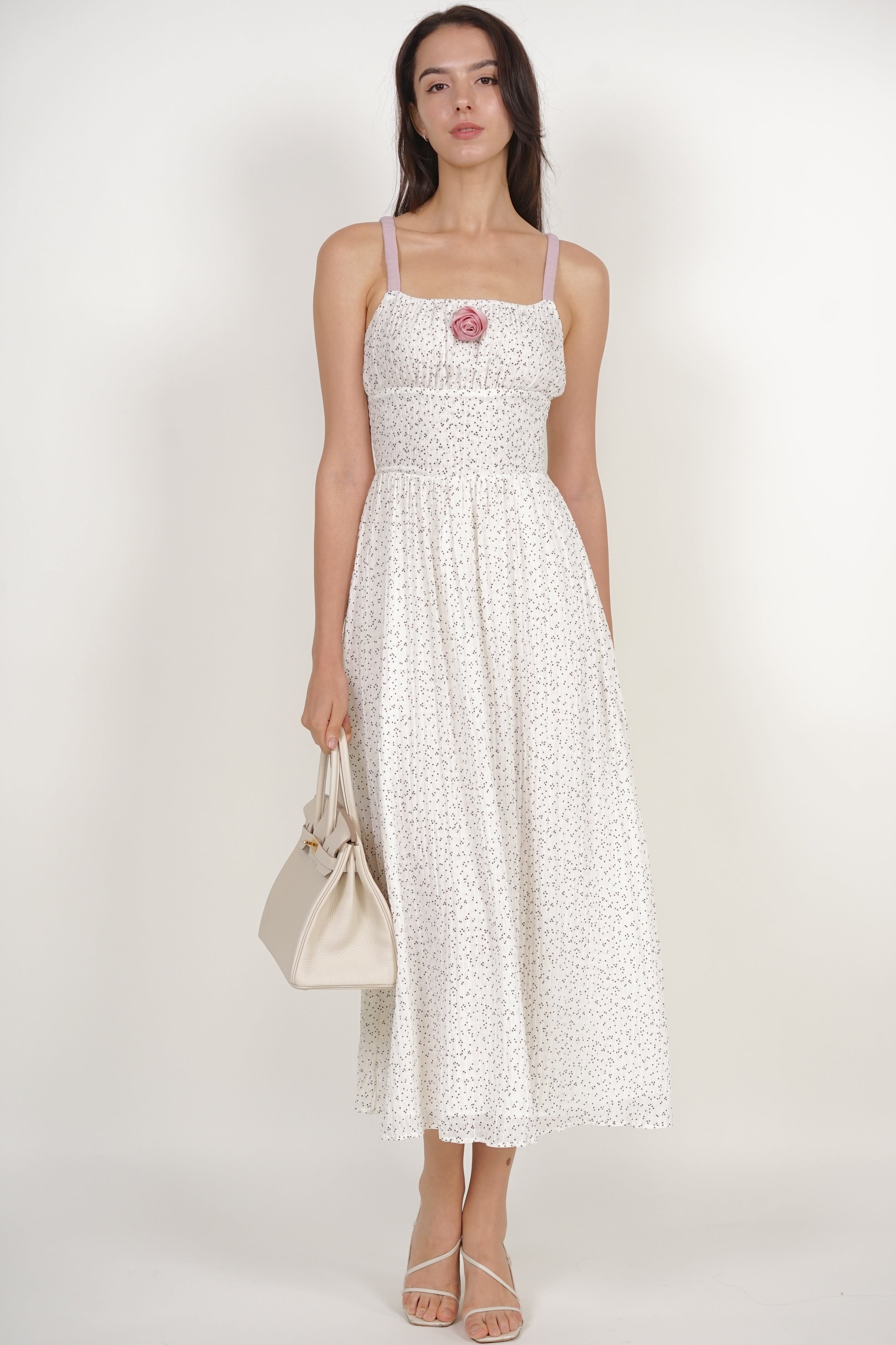 Gathered Waist Dress in White Dots