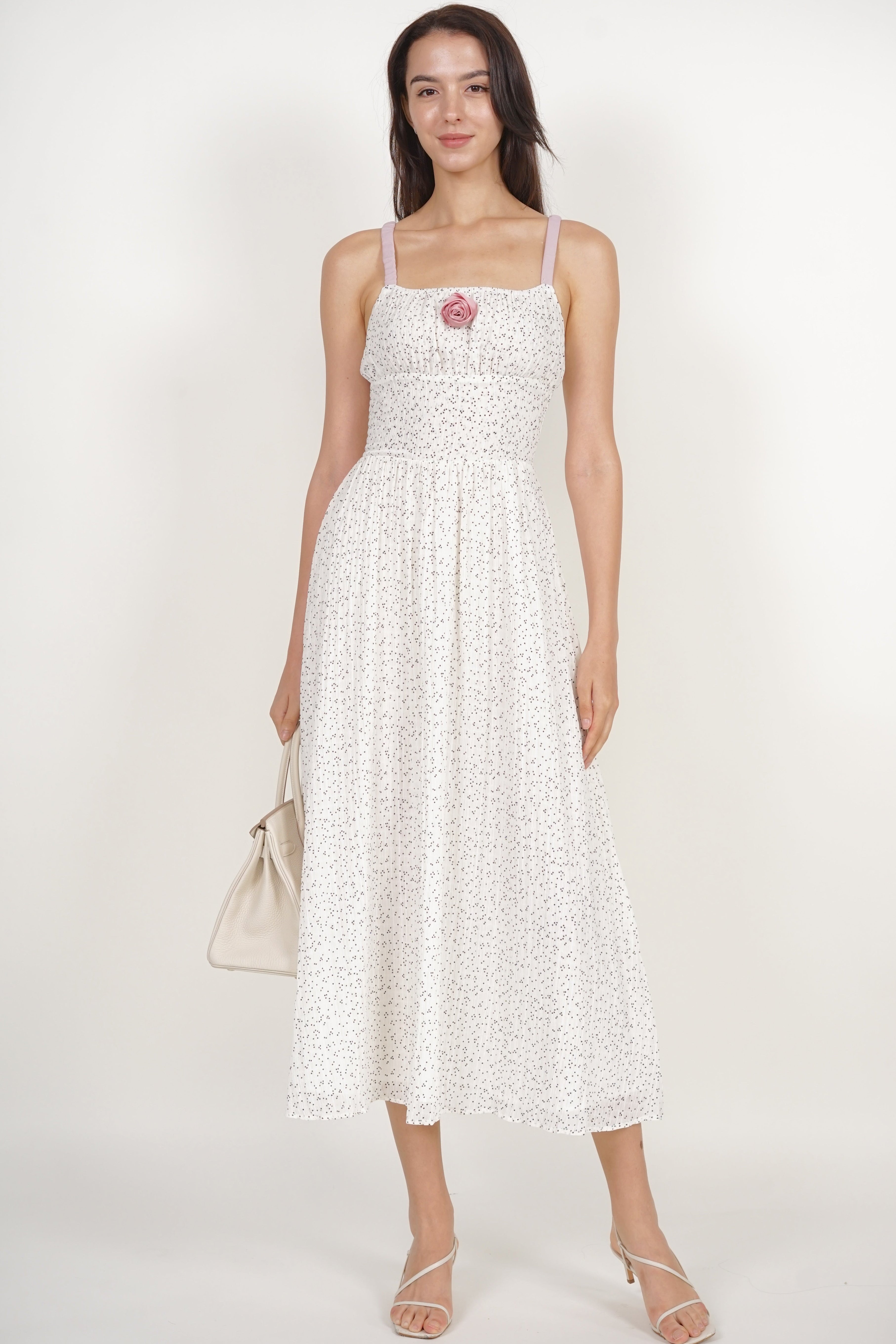 Gathered Waist Dress in White Dots