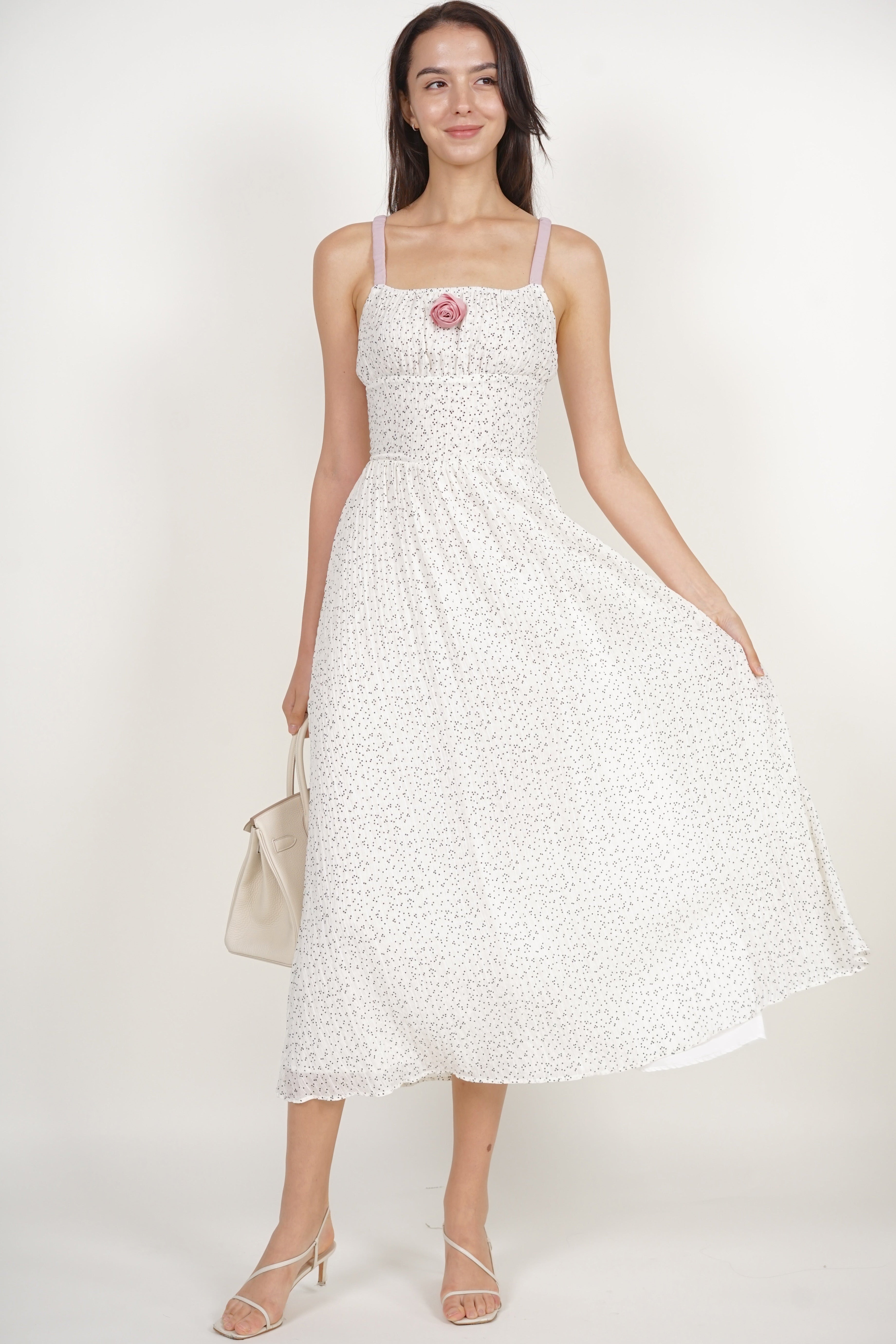 Gathered Waist Dress in White Dots