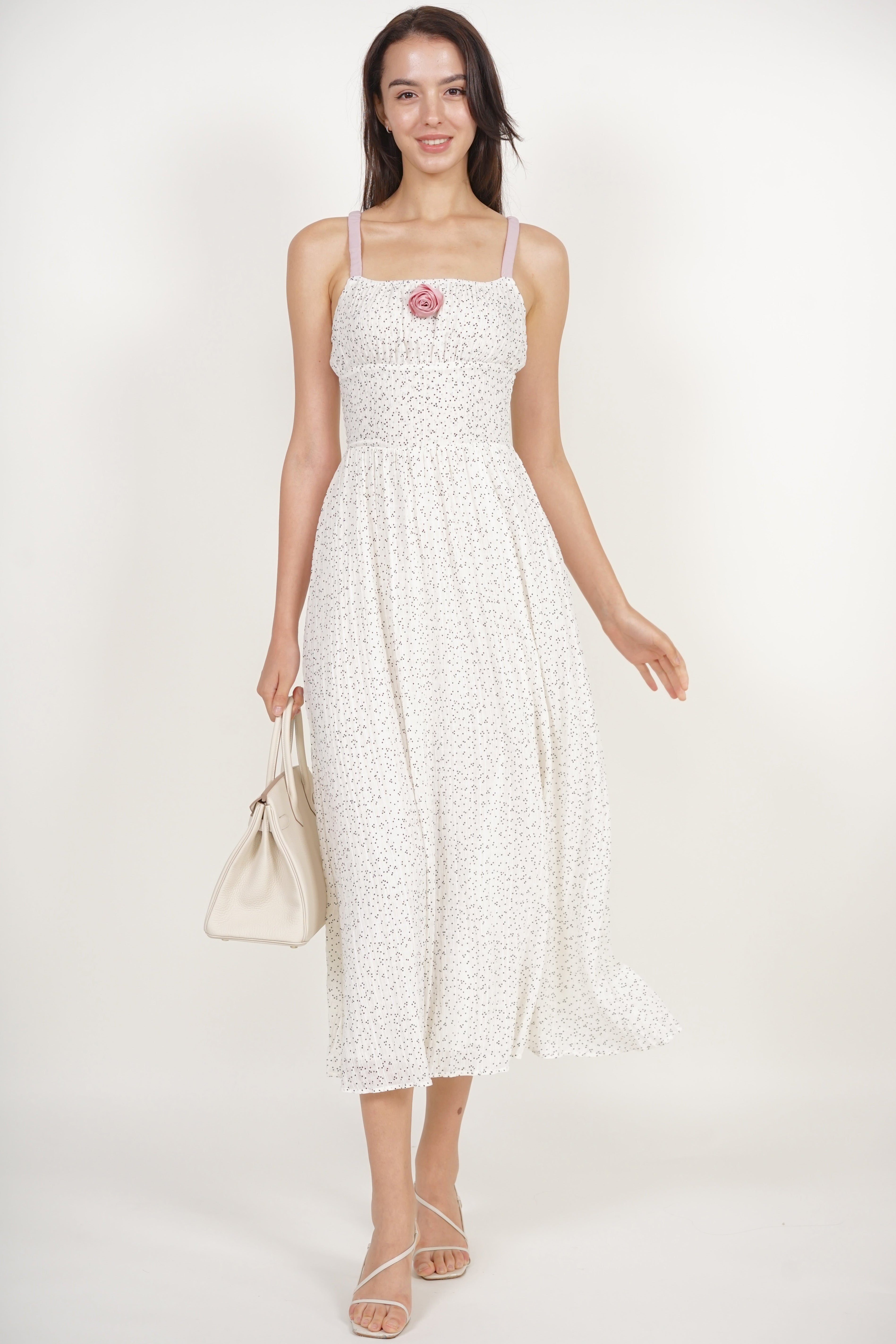 Gathered Waist Dress in White Dots