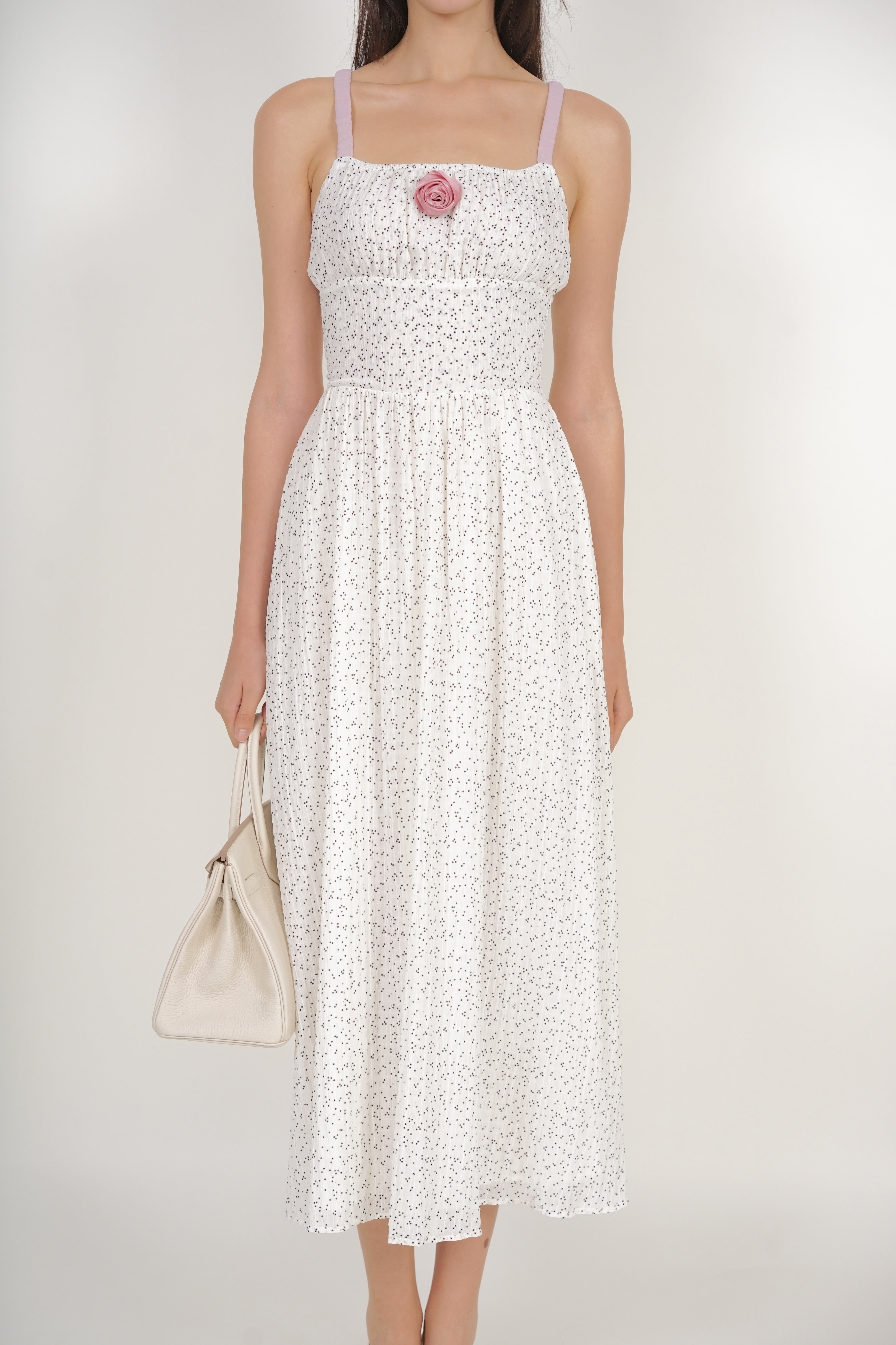 Gathered Waist Dress in White Dots