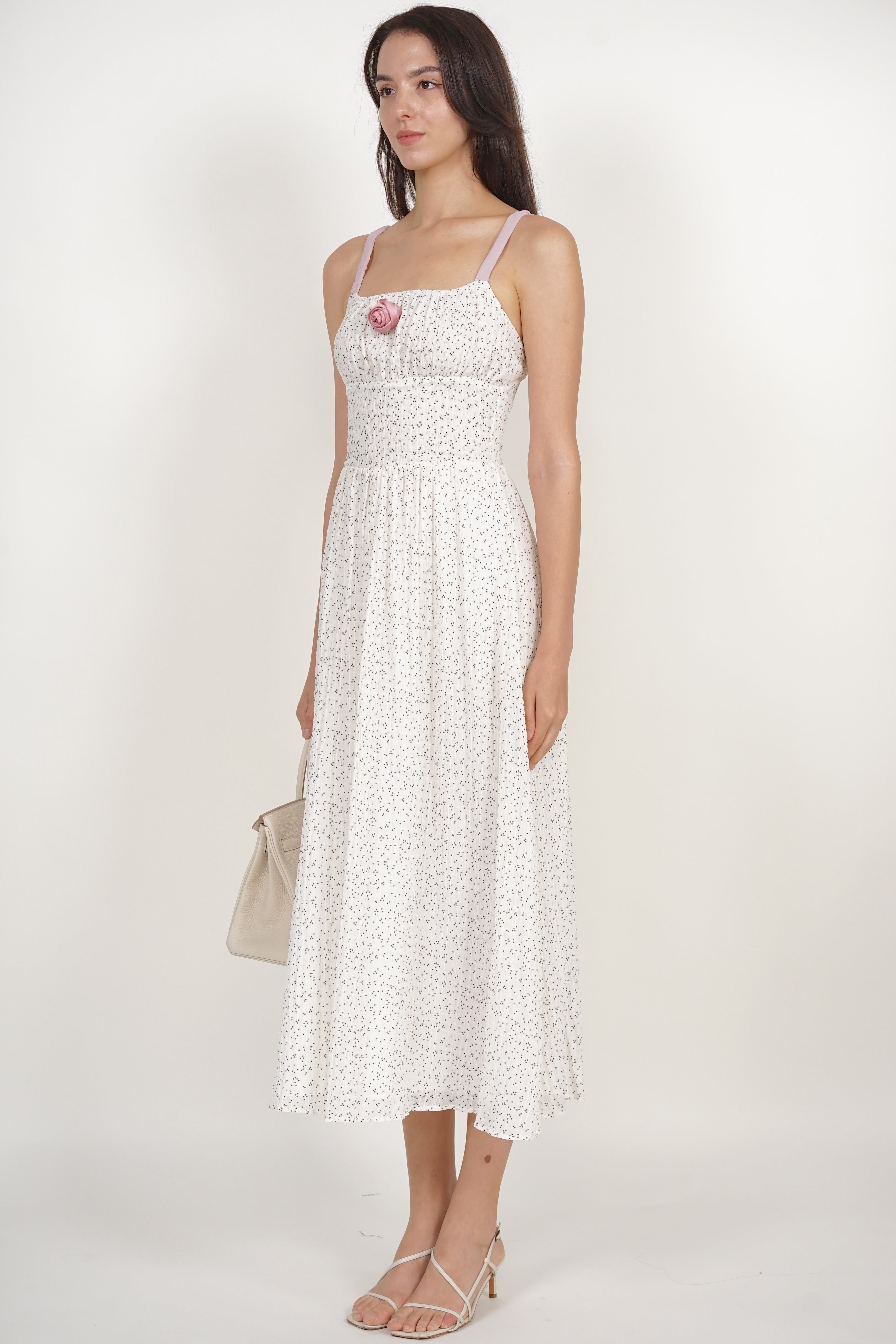 Gathered Waist Dress in White Dots