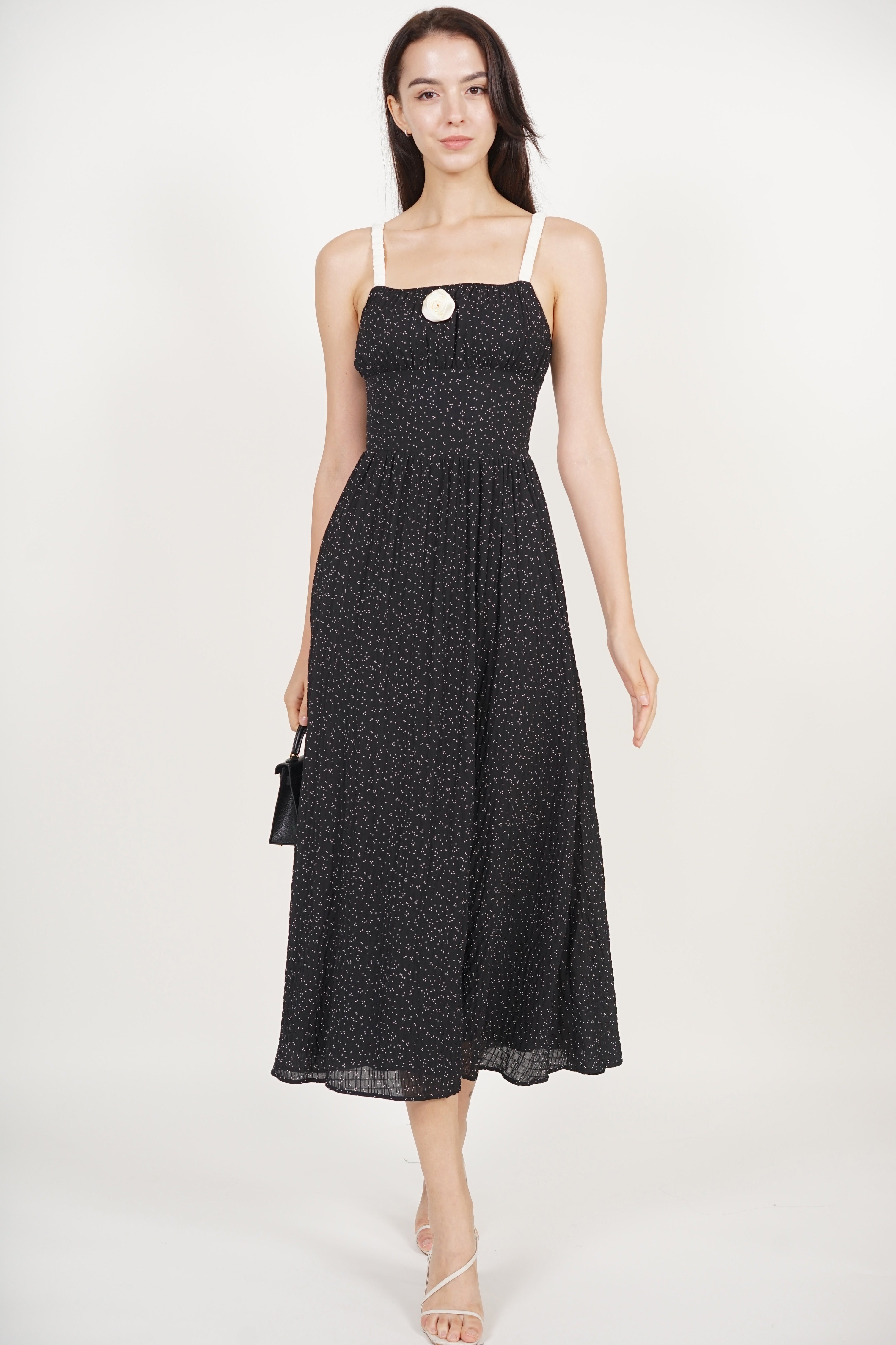 Gathered Waist Dress in Black Dots