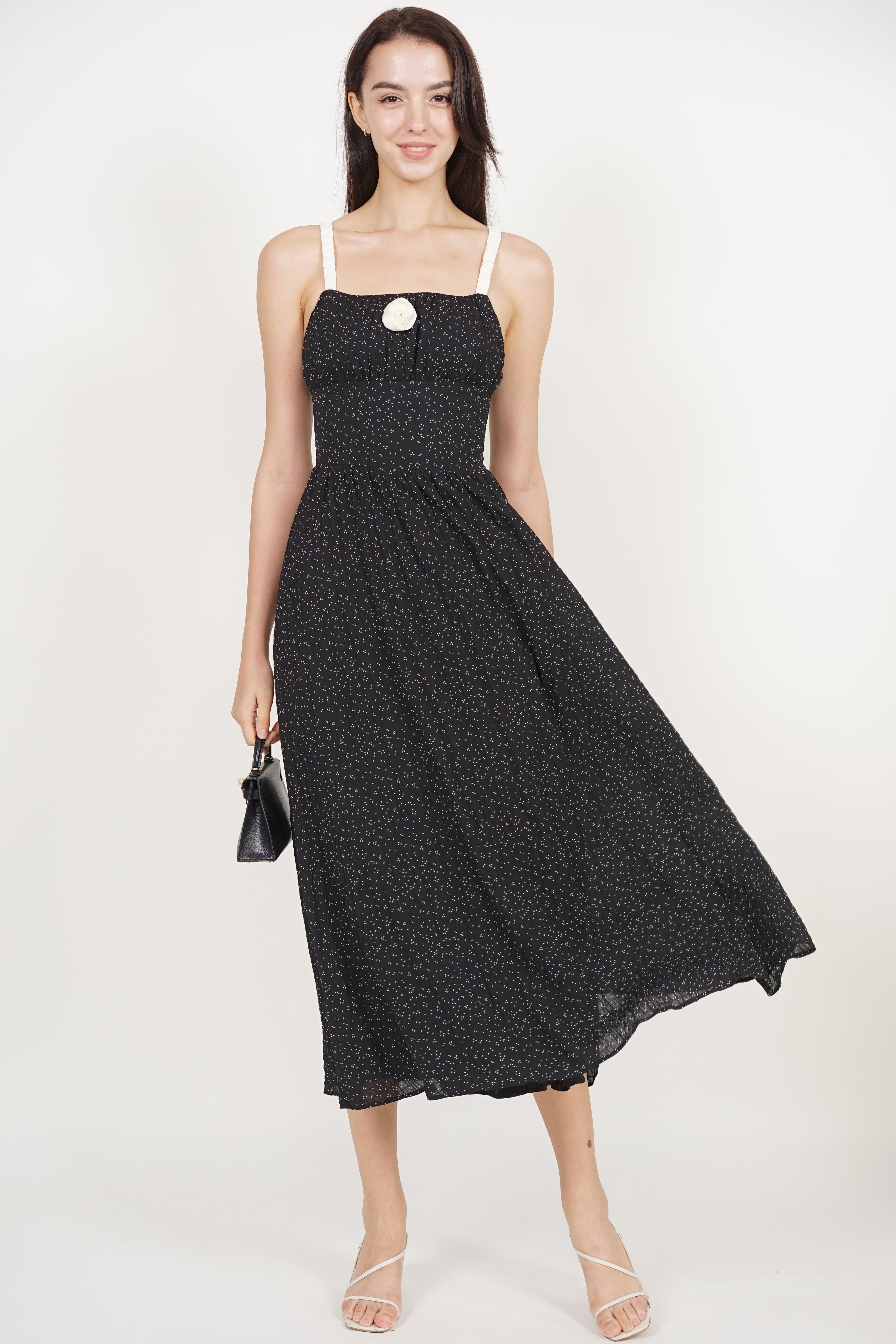Gathered Waist Dress in Black Dots