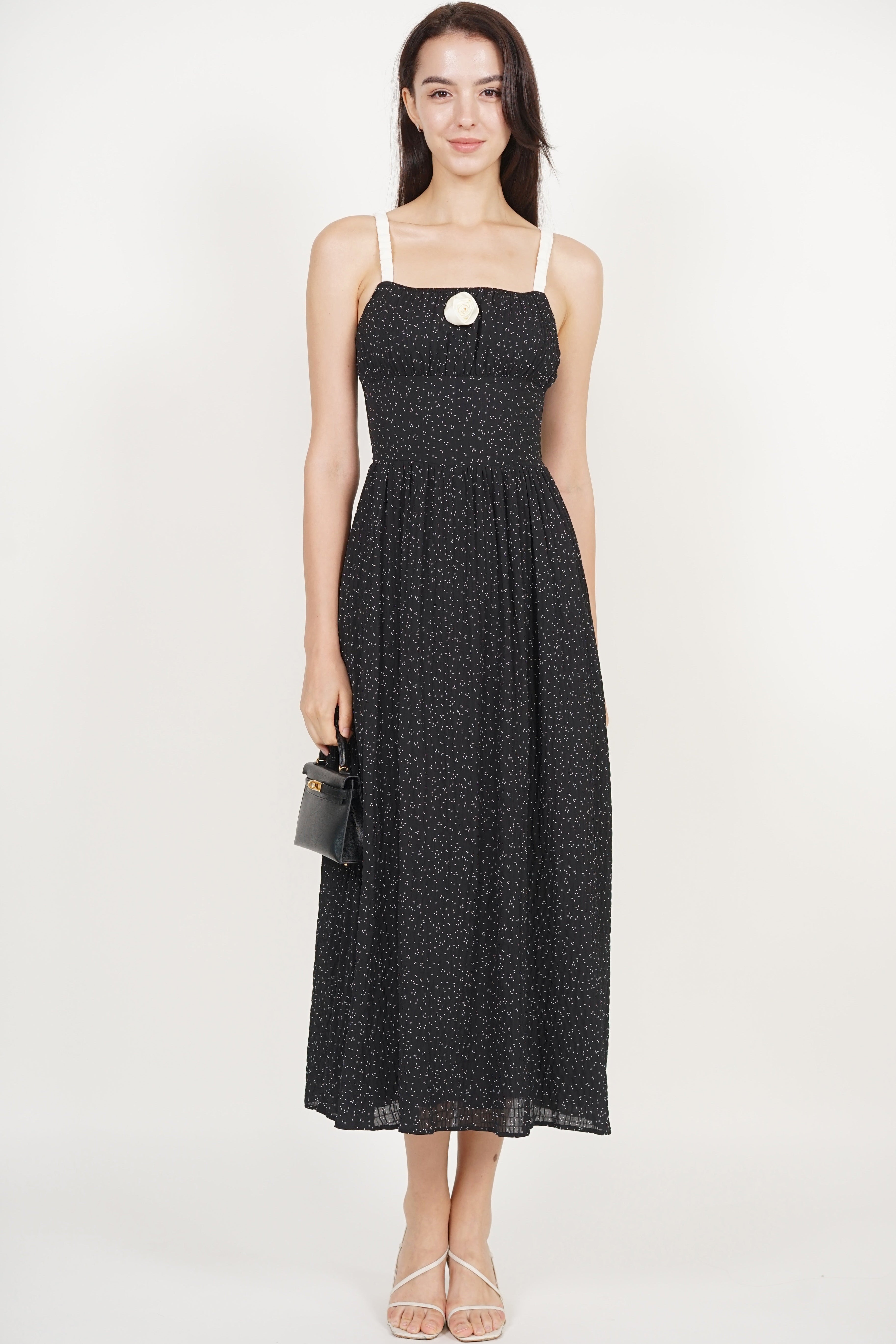 Gathered Waist Dress in Black Dots