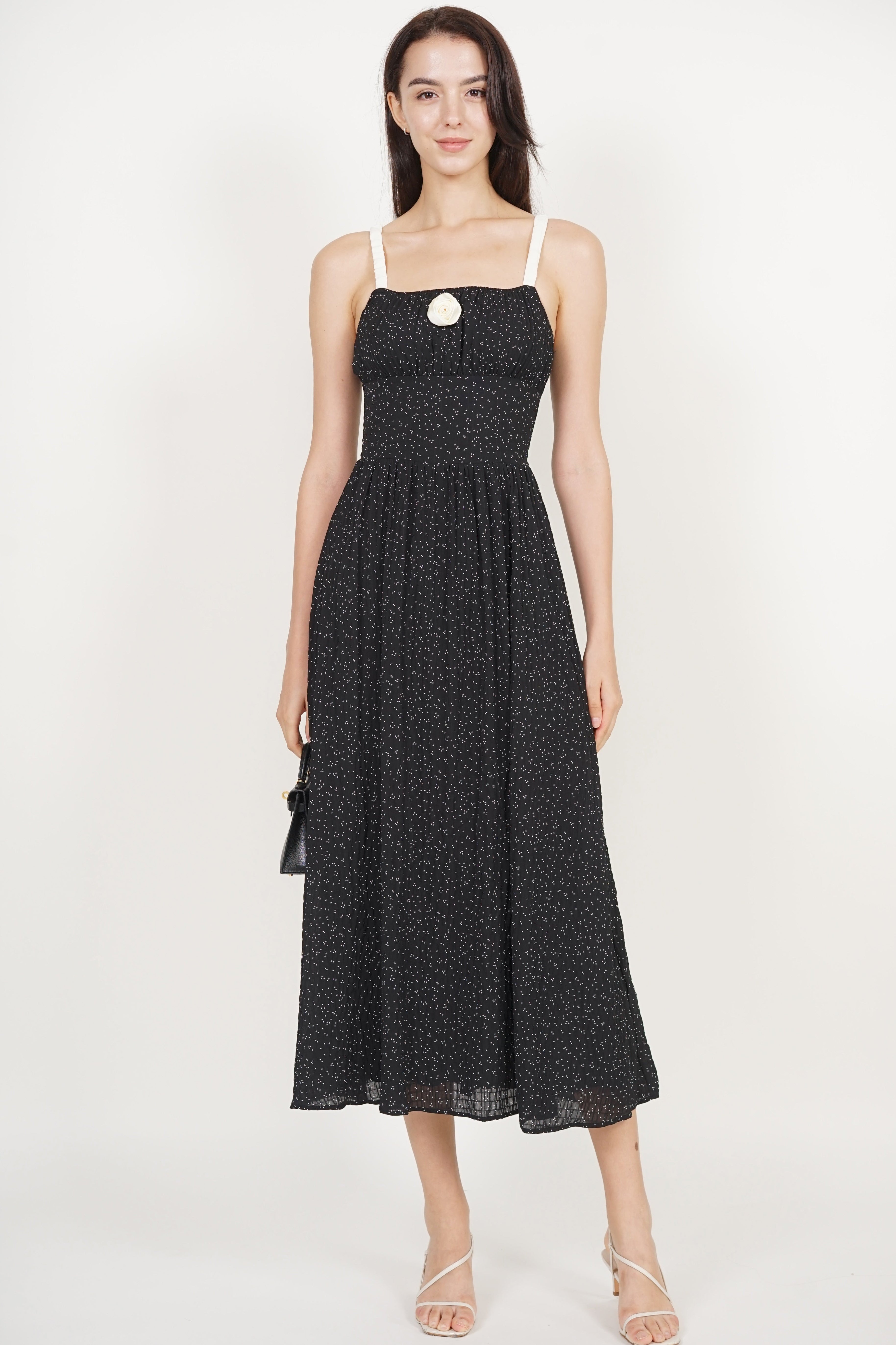 Gathered Waist Dress in Black Dots