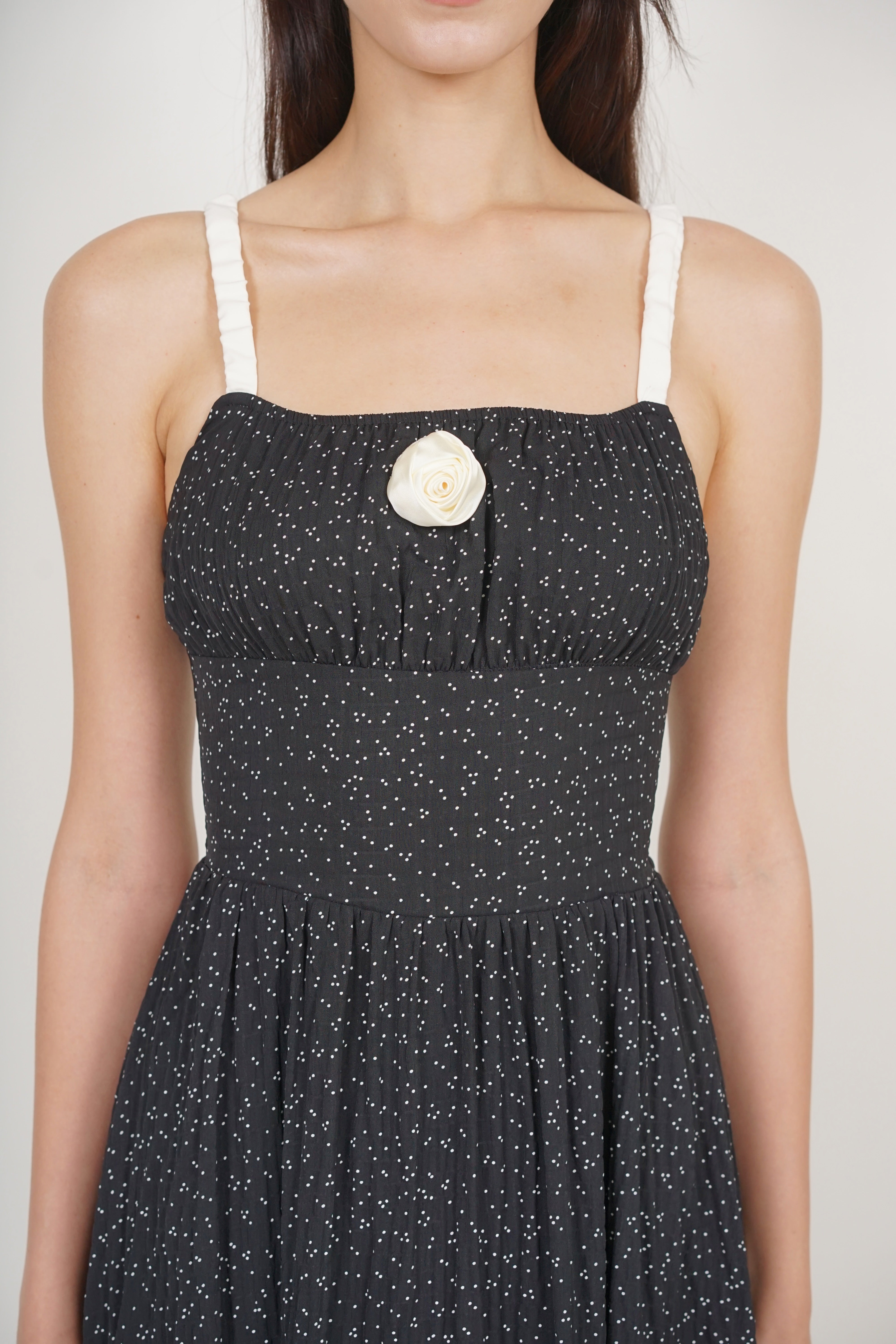 Gathered Waist Dress in Black Dots